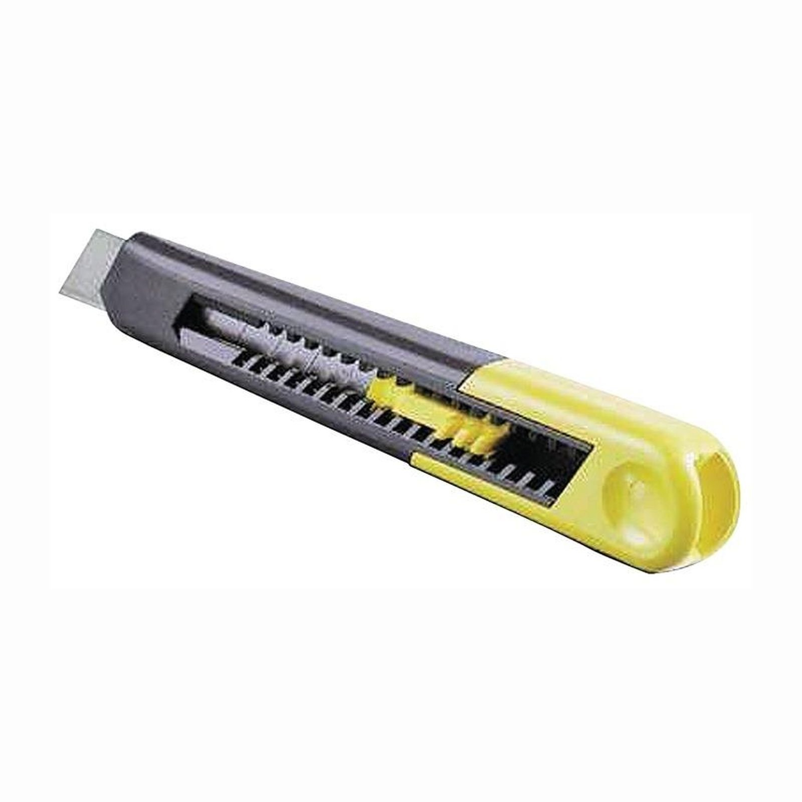 Ein schwarzer und gelber Cuttermesser mit sichtbarem Mechanismus.