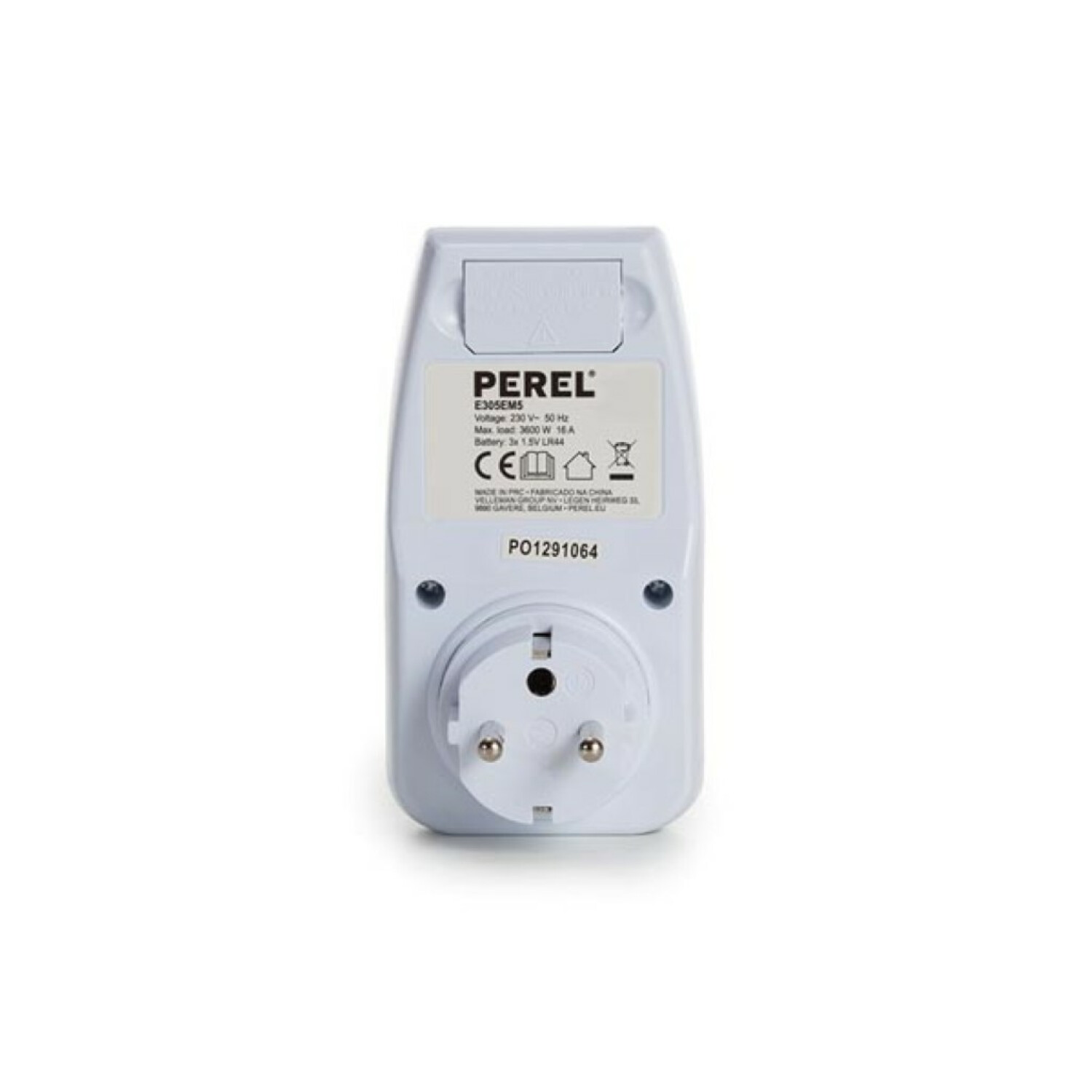 Ein weißer digitaler Zeitschaltuhren-Stecker mit Informationen.
