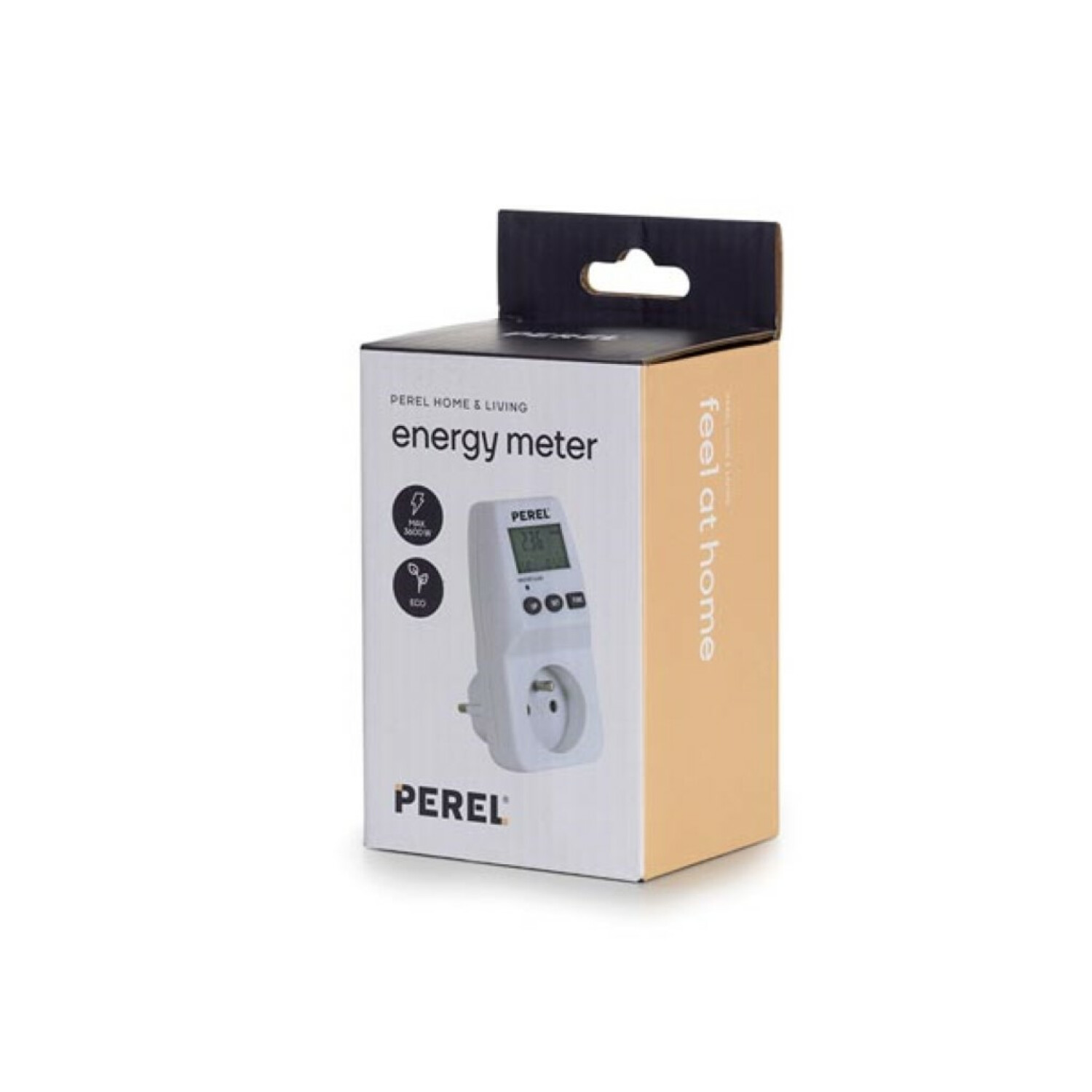 Verpackung eines Perel Energiemessgeräts mit digitalem Display und Steckdose.