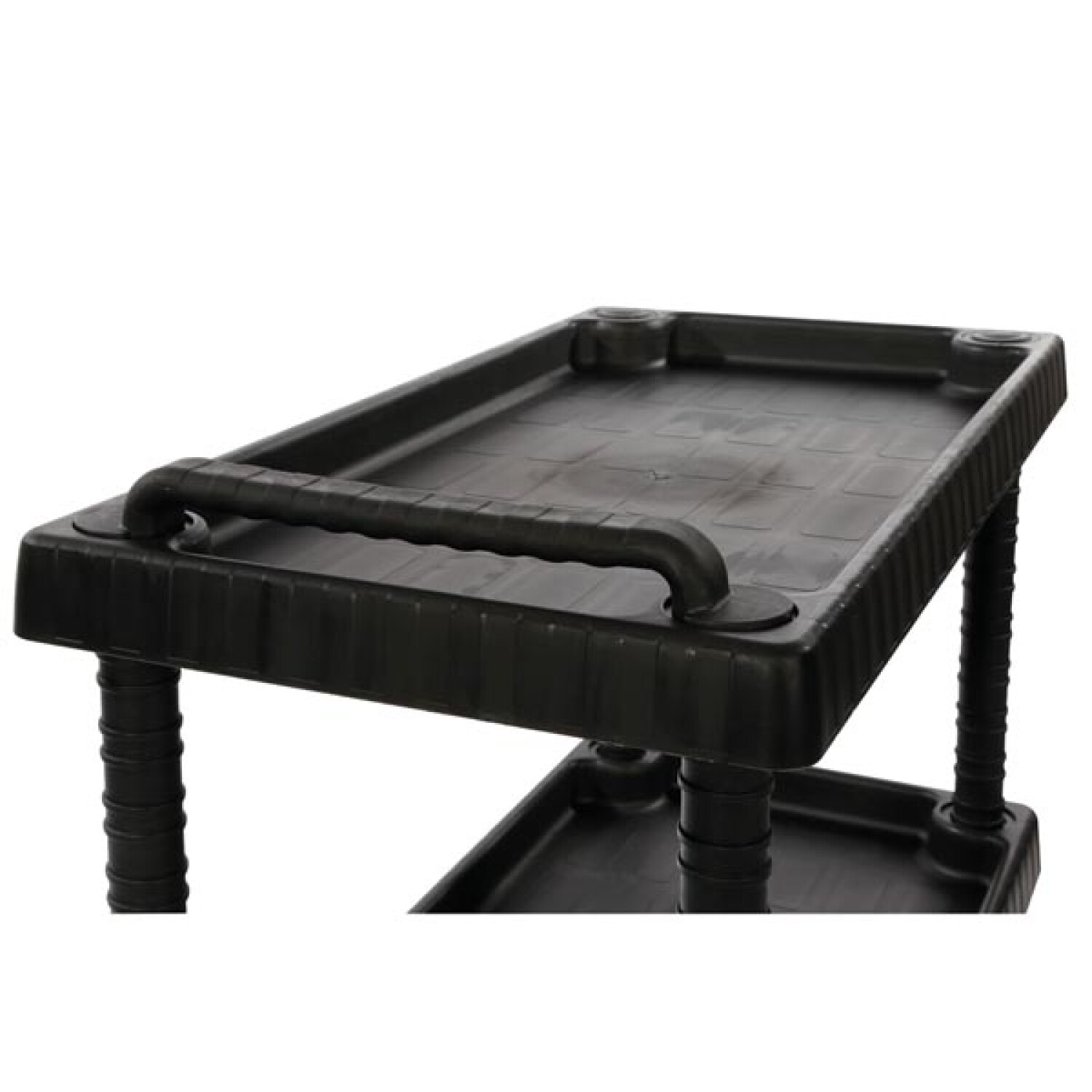 Carrello portaoggetti nero con maniglia e due ripiani su sfondo bianco.