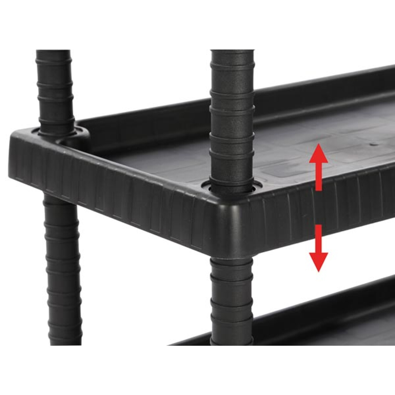 Scaffale nero con frecce rosse che indicano movimento su e giù.
