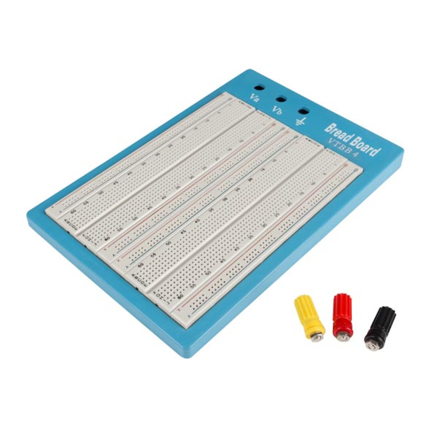 Breadboard blu con morsetti gialli, rossi e neri accanto.