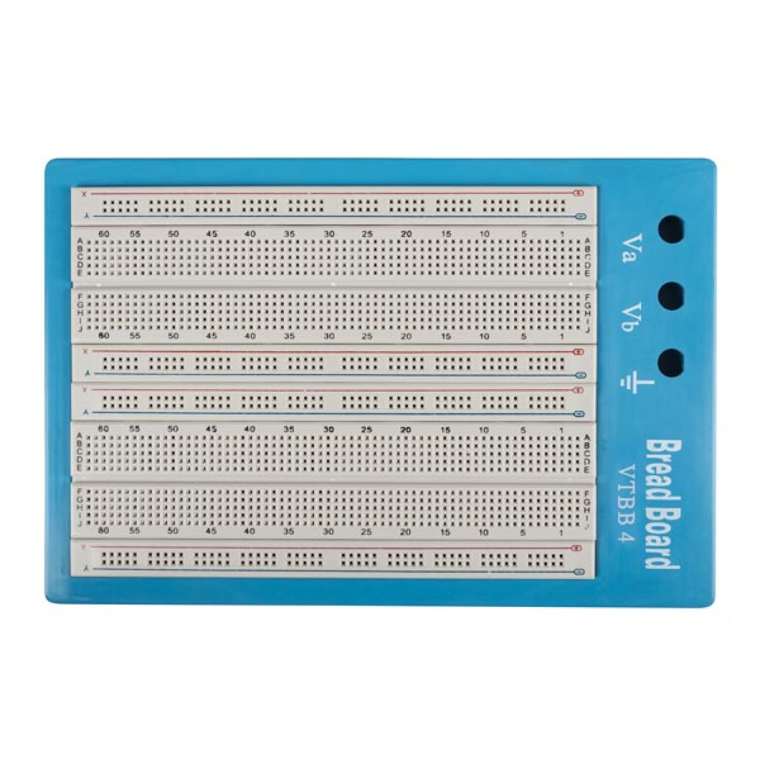 Una breadboard blu con punti di connessione bianchi ed etichette.