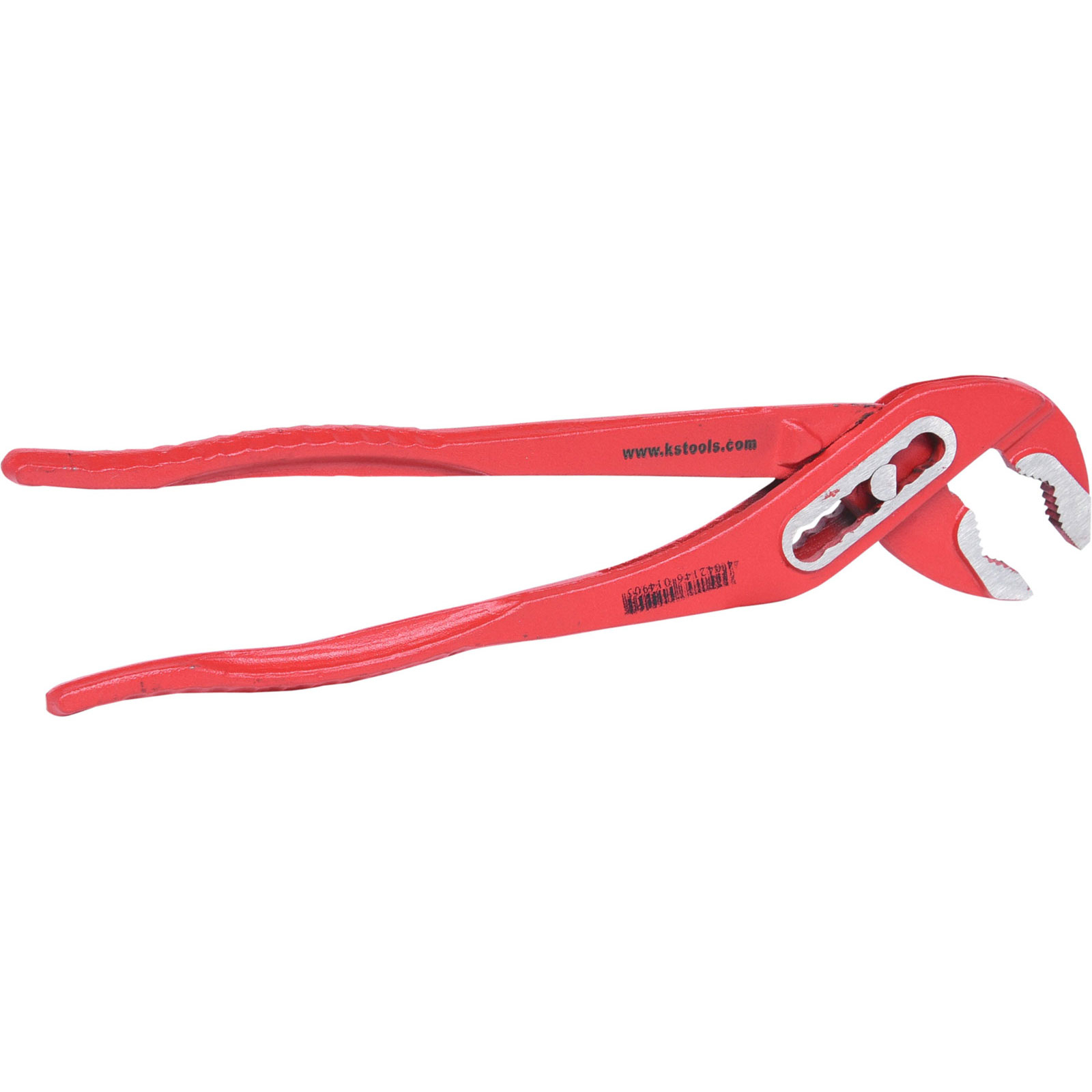 Eine rote Rohrzange mit silbernen Backen und einer weißen Website-Adresse.