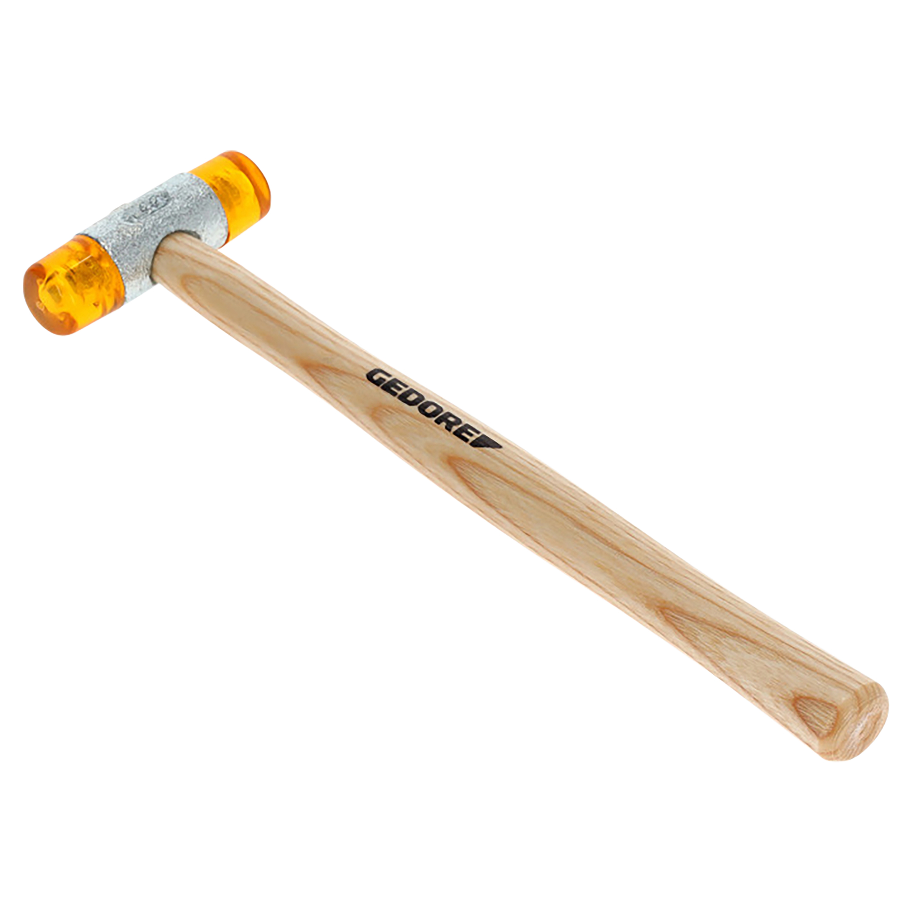 Ein Hammer mit Holzgriff und gelben Kunststoffköpfen.