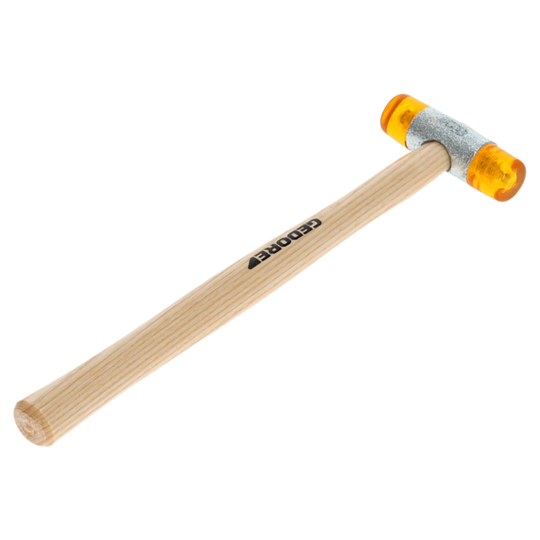 Ein Holzhammer mit gelben Schlagflächen und silbernem Metallring.