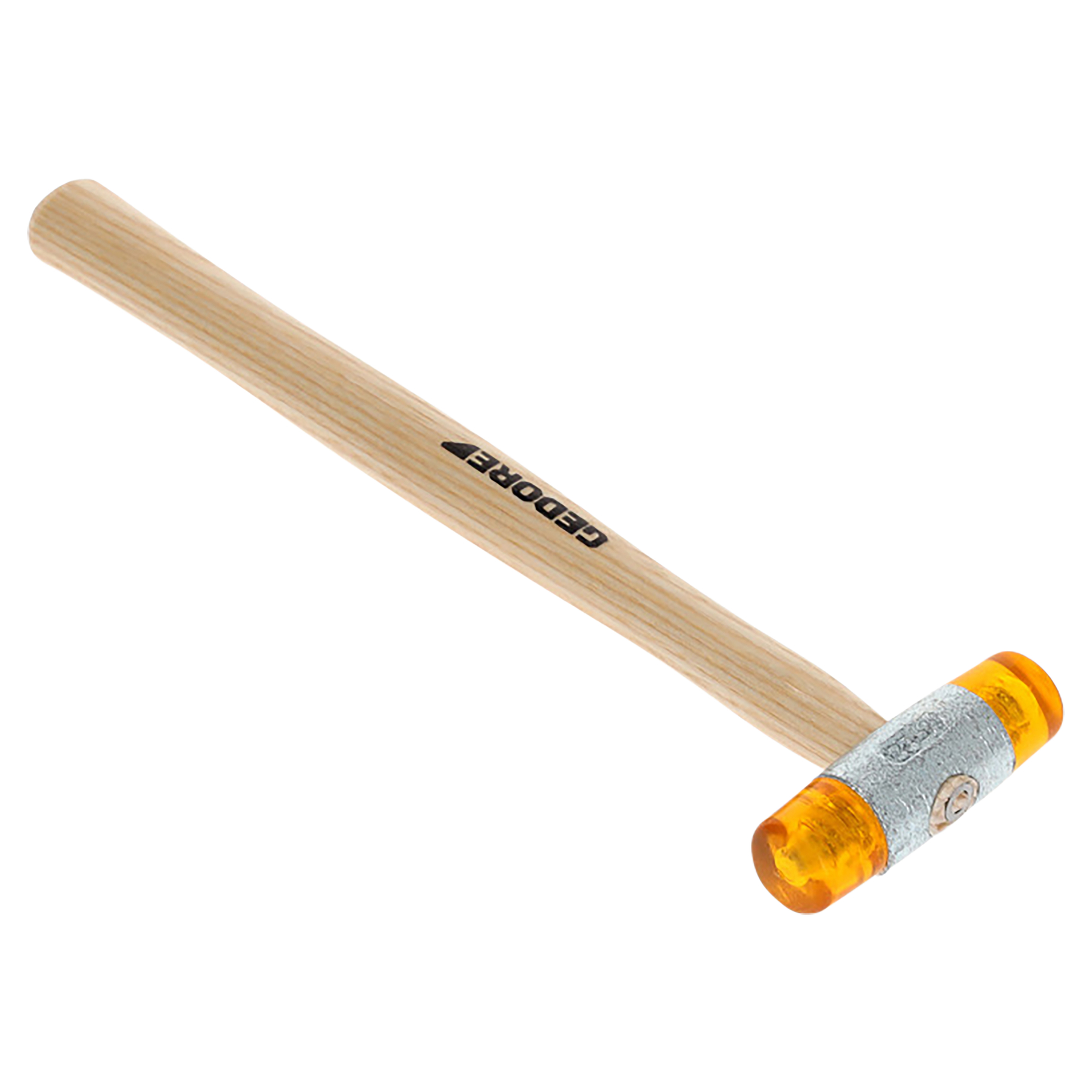 Ein Schonhammer mit Holzgriff und gelben Kunststoffköpfen, auf weißem Hintergrund.