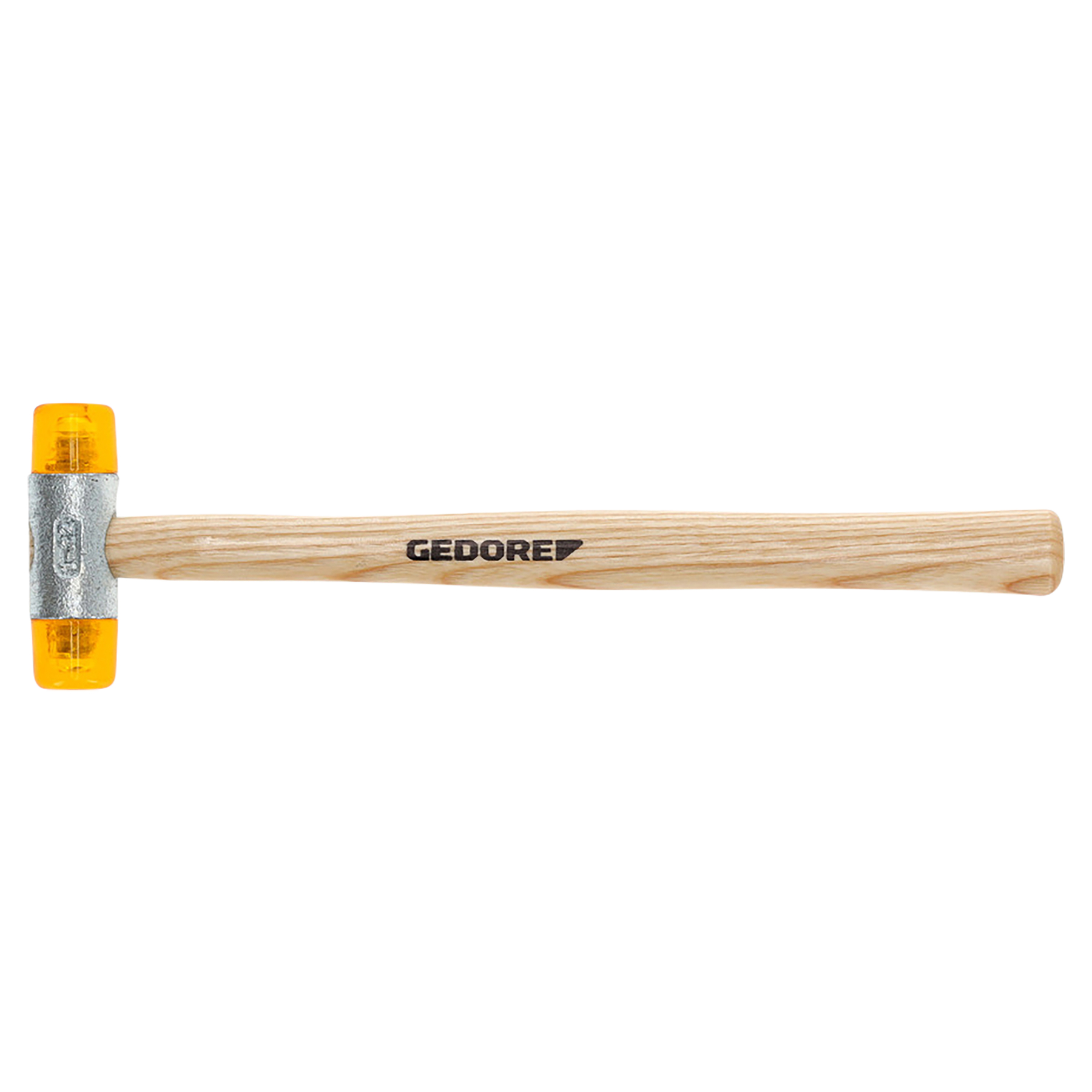 Ein Schonhammer mit Holzgriff und gelben Kunststoffköpfen.