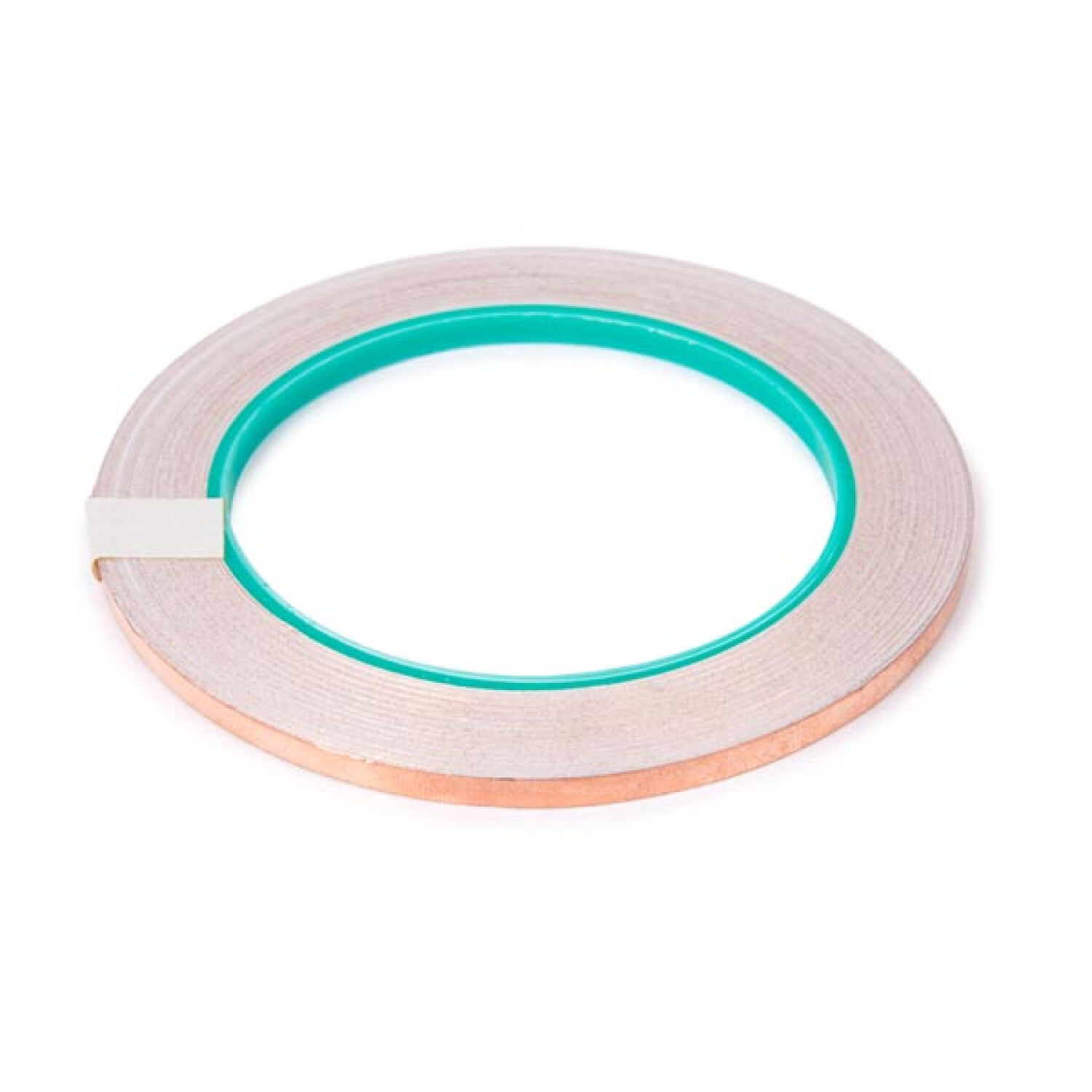Un rotolo di nastro di rame con anima verde e striscia adesiva su sfondo bianco.