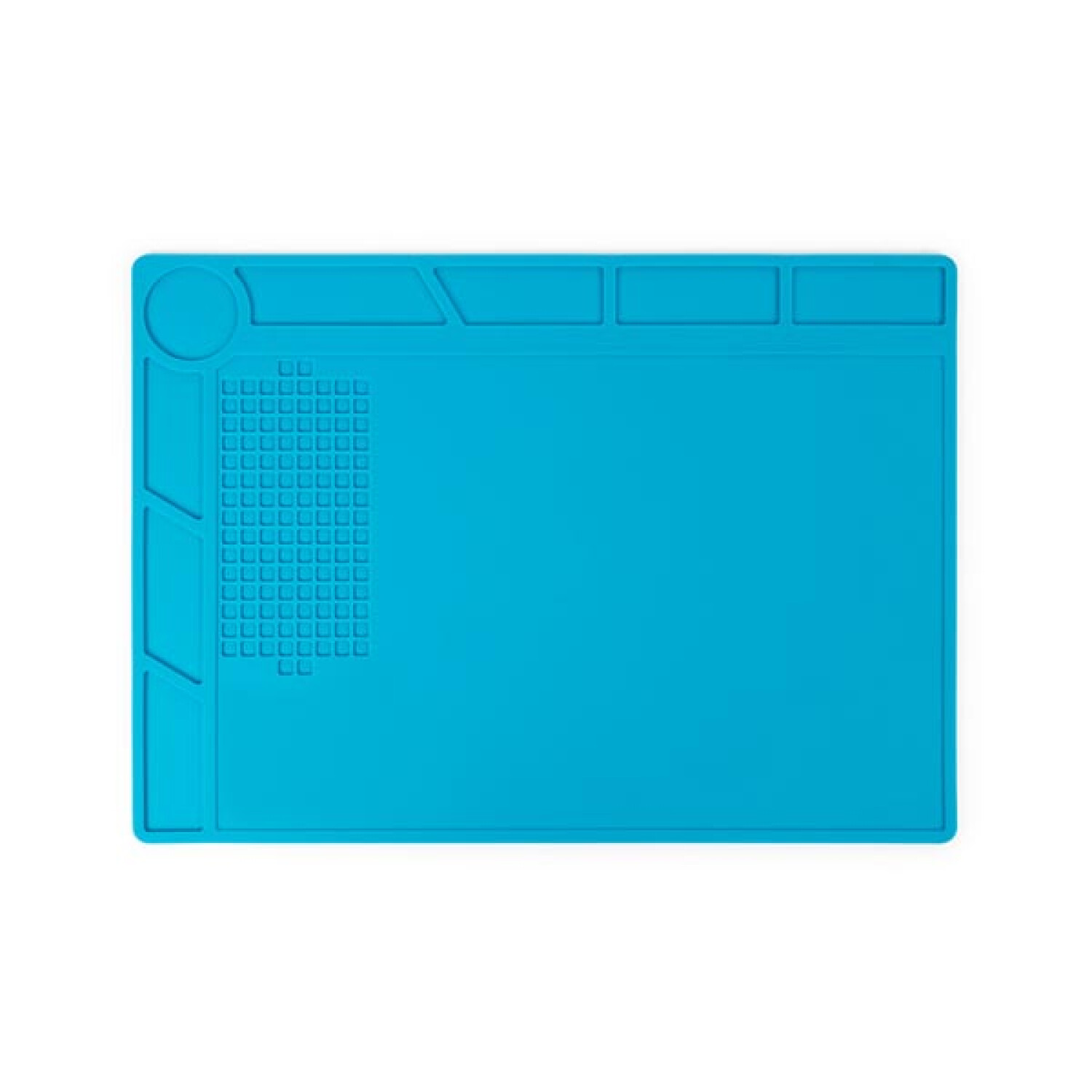 Ein hellblaues Silikon-Reparaturpad mit Raster und Fächern.