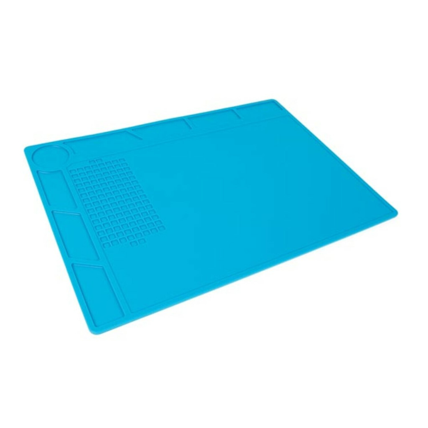 Blaues Silikon-Reparaturpad mit Fächern und Gittern für Elektronikwerkzeuge.