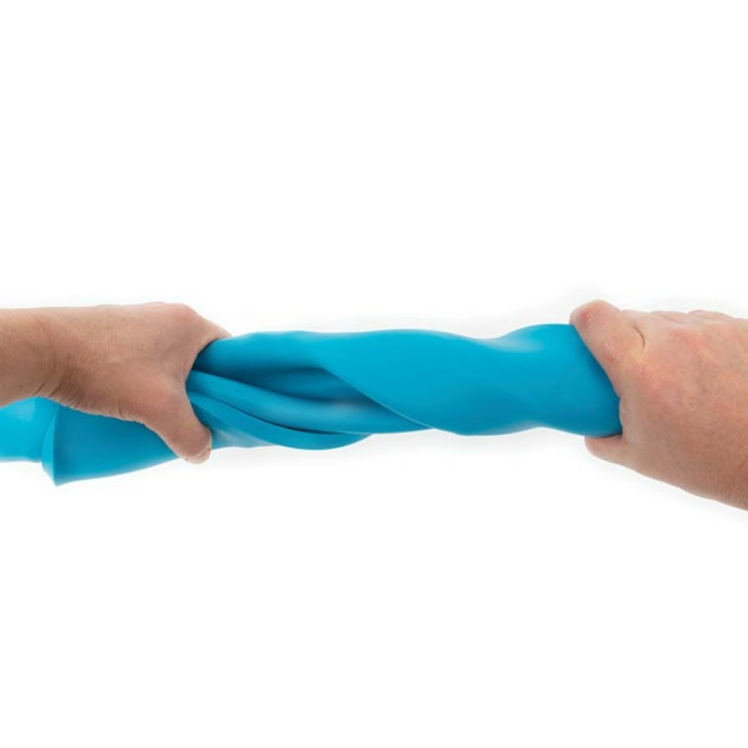 Zwei Hände ziehen an einem blauen, dehnbaren Band.