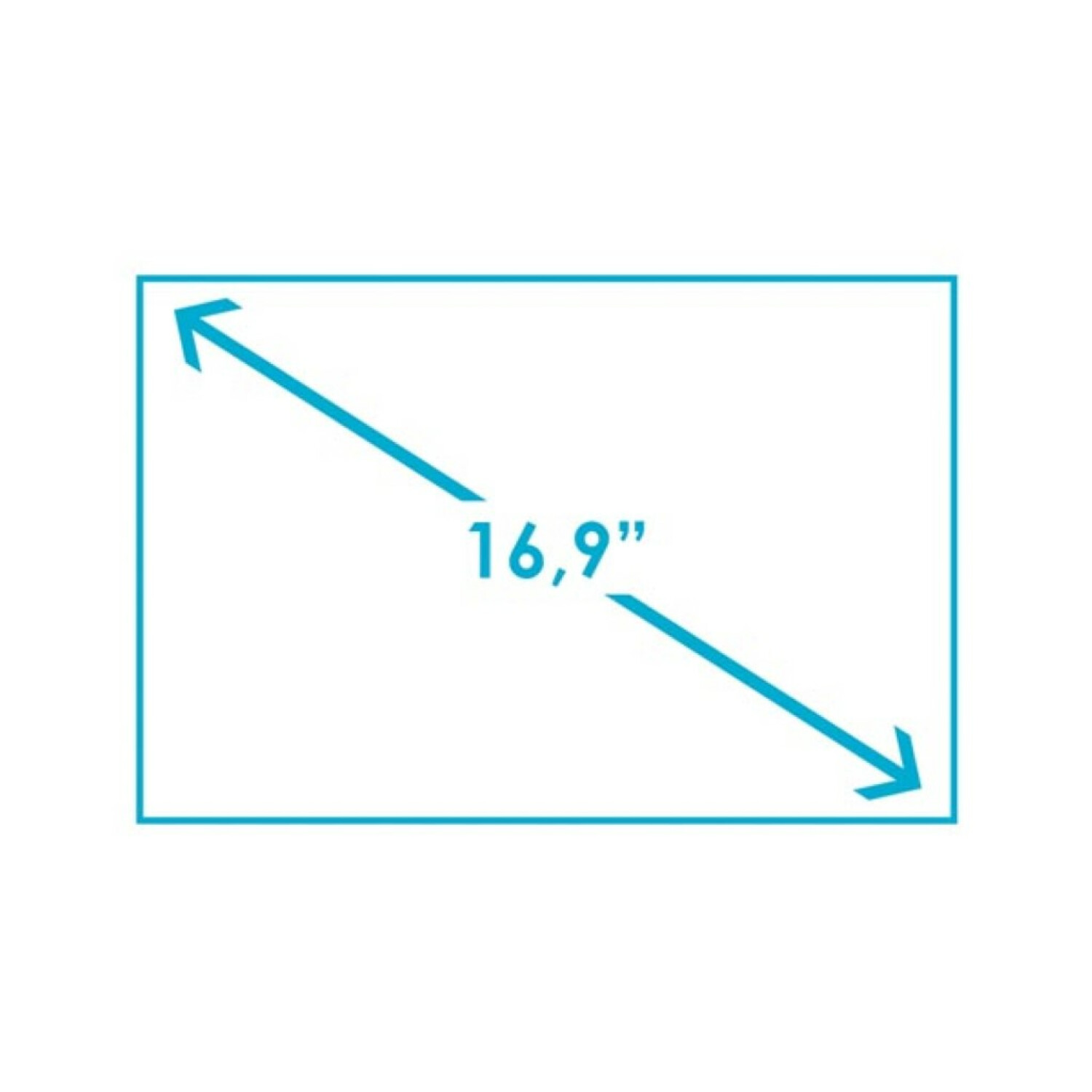 Bildschirmdiagonale 16,9 Zoll. Blaues Rechteck mit diagonalem Pfeil.
