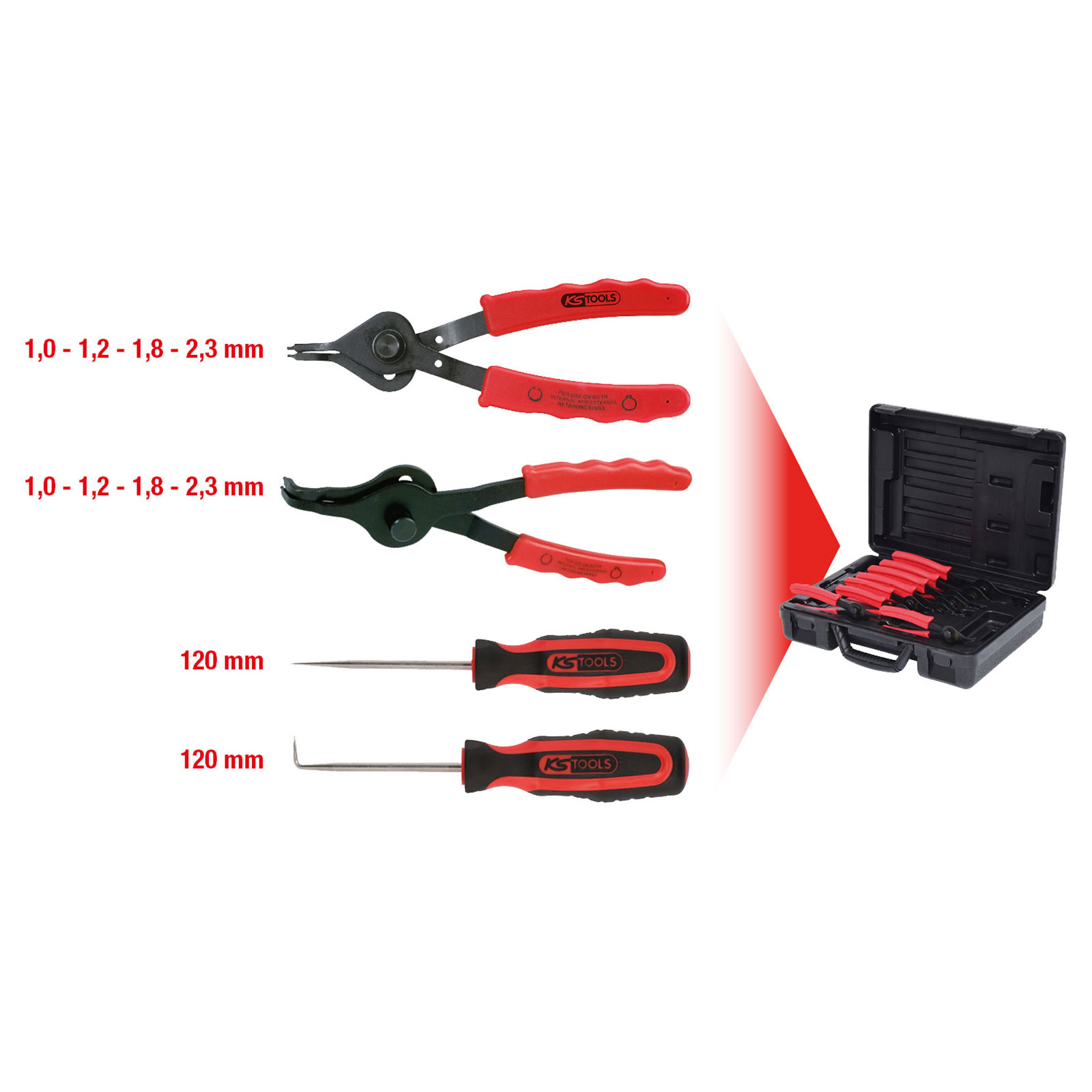 Set KS Tools con pinze per anelli elastici e punzoni in una valigetta.