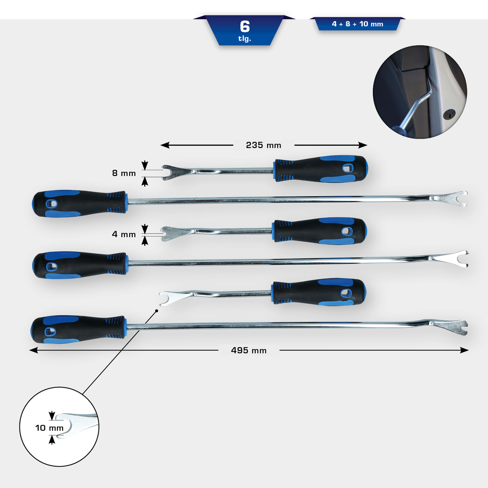 Quattro attrezzi con manici blu e punte metalliche, dimensioni indicate.