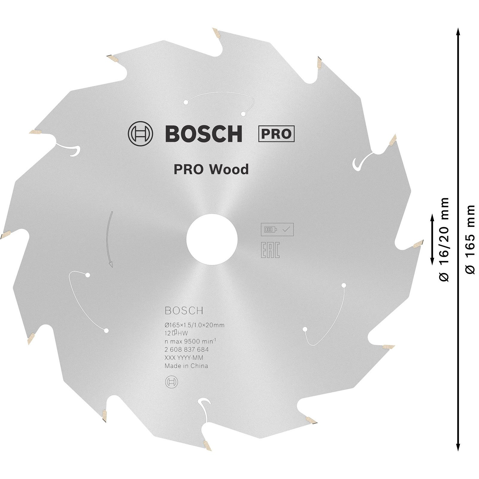 Una lama sega Bosch Pro Wood argentata di 165 mm.