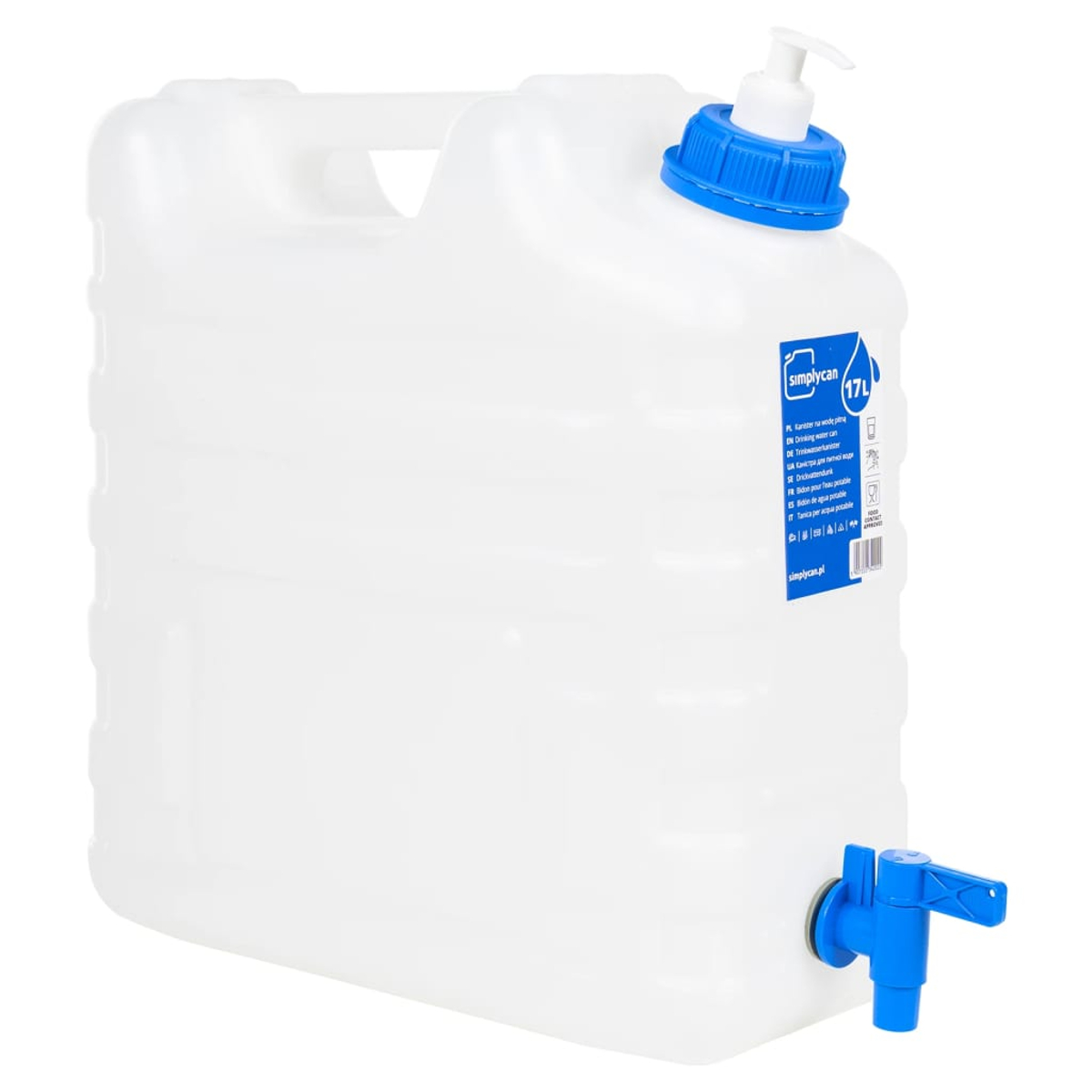 Un tanica d'acqua bianca da 17L con rubinetto e pompa blu.