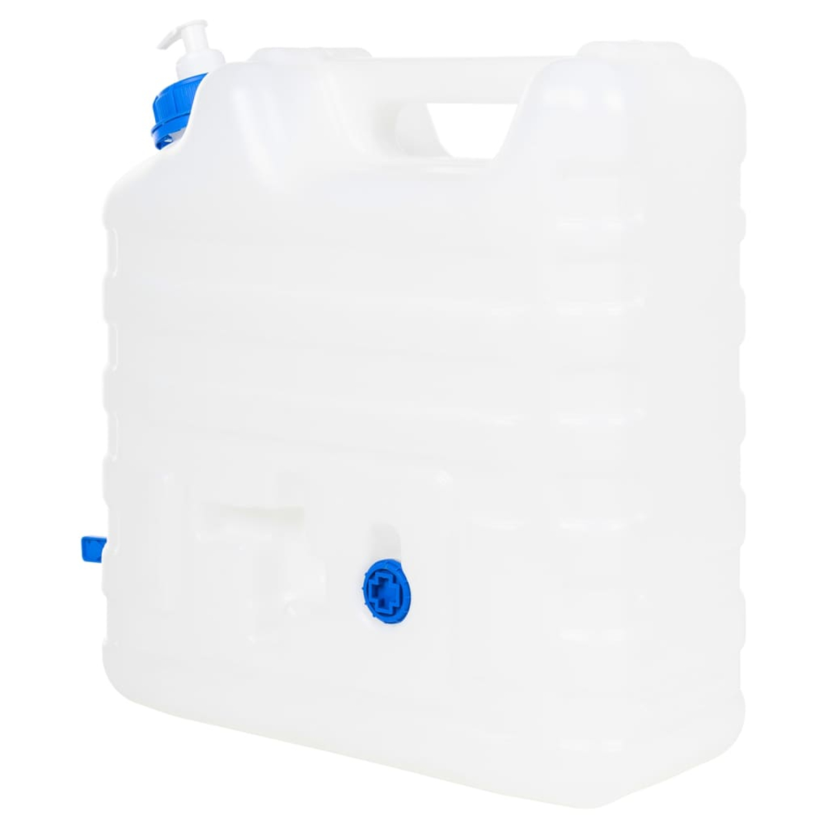 Una tanica d'acqua bianca con rubinetto e manico blu.