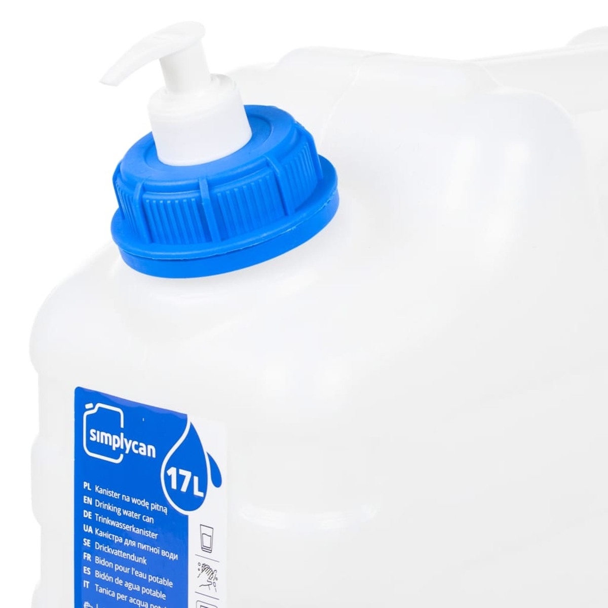 Un tanica d'acqua bianca da 17L con tappo blu e manico a pompa bianco.