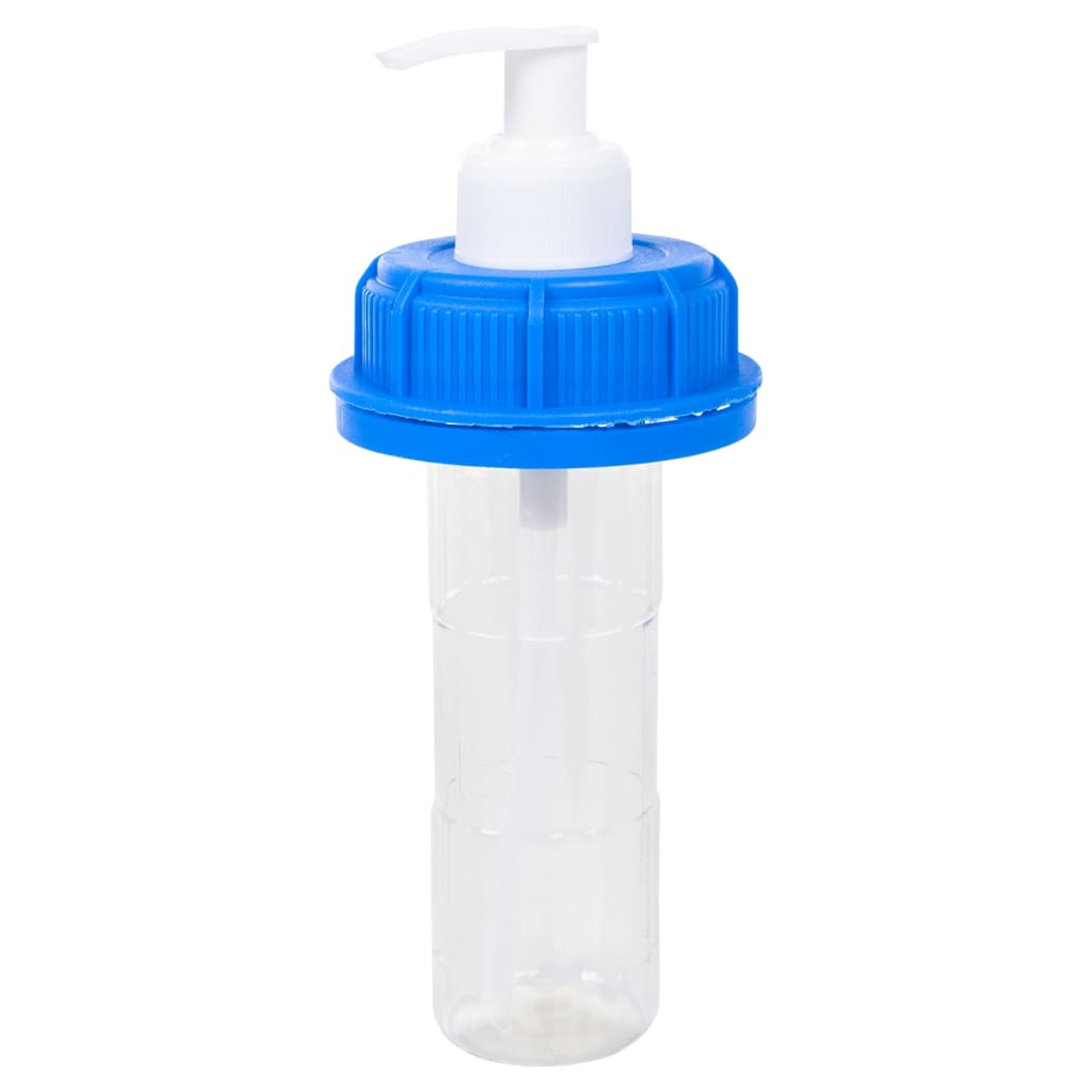 Una bottiglia di plastica trasparente con tappo a vite blu e dispenser a pompa bianco.