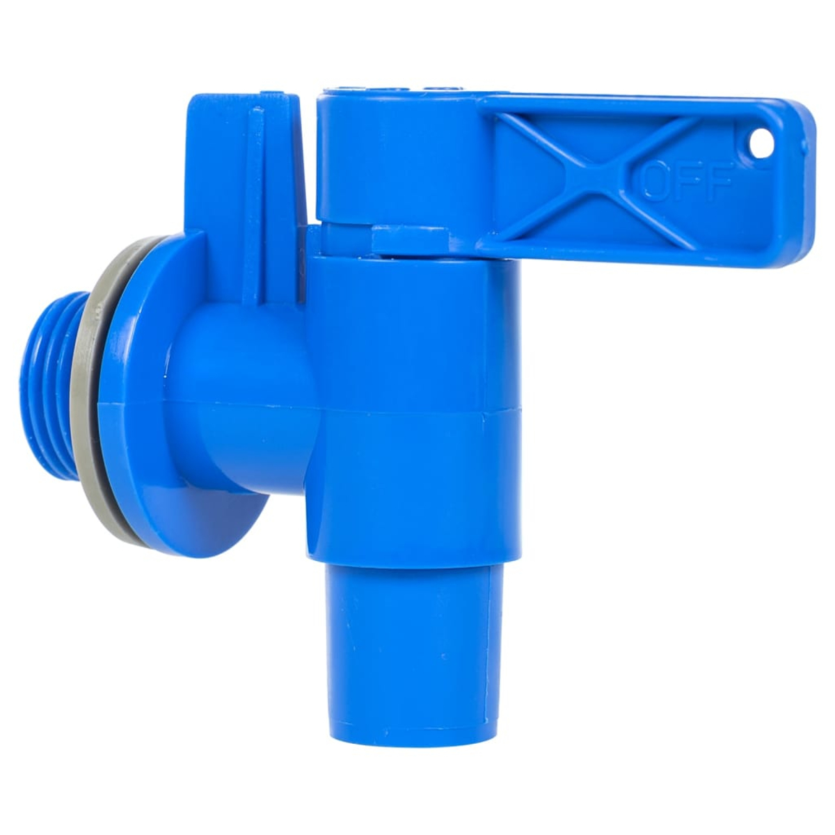 Un rubinetto blu di plastica con una maniglia 'OFF'.