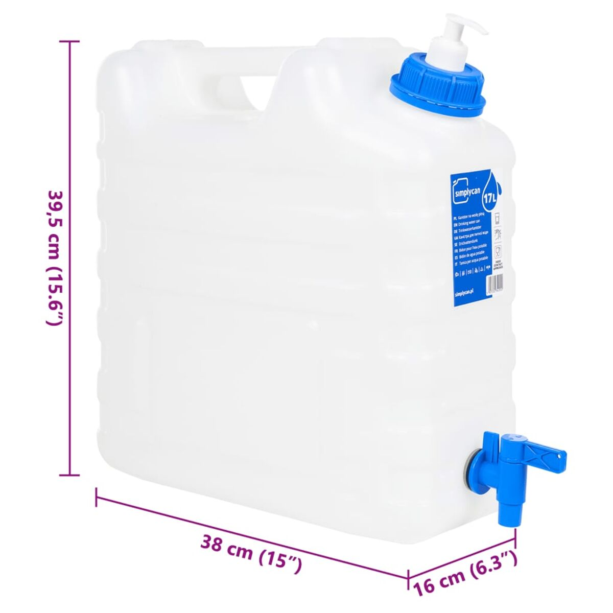 Un contenitore d'acqua trasparente da 17L con rubinetto e tappo blu.
