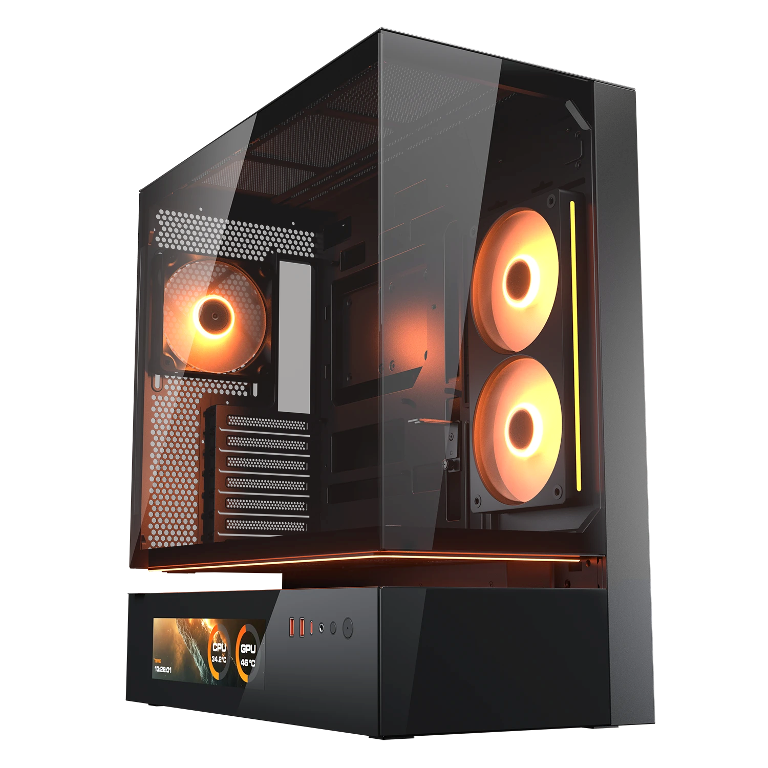 Ein schwarzes PC-Gehäuse mit orangefarbenen Lüftern und einem integrierten Display.