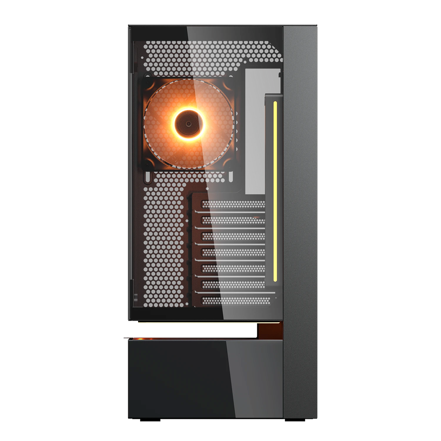Ein schwarzes PC-Gehäuse mit beleuchtetem orangefarbenem Lüfter und gelbem Streifen.
