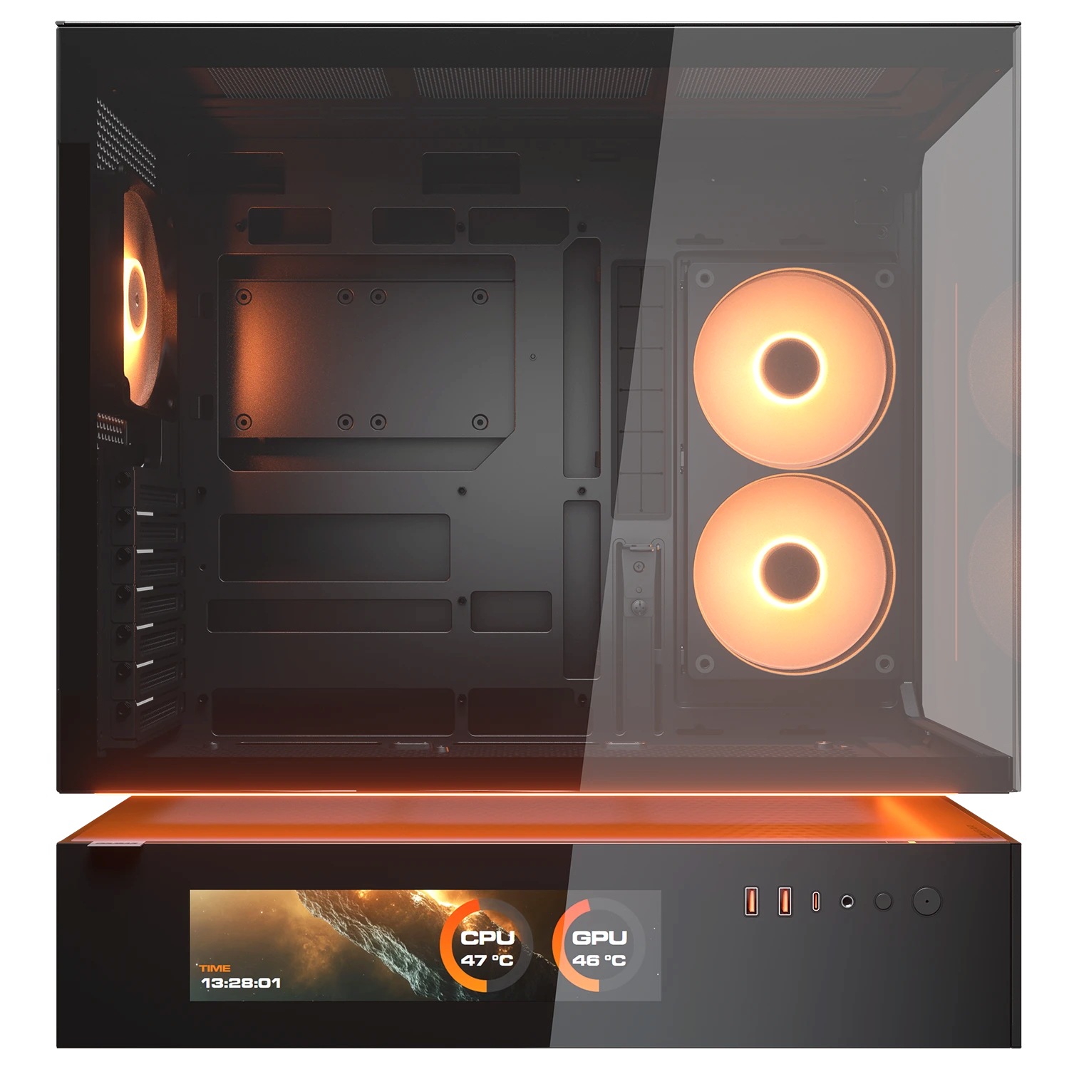 Ein leerer PC-Gehäuse mit beleuchteten orangefarbenen Lüftern und einem LCD-Display.