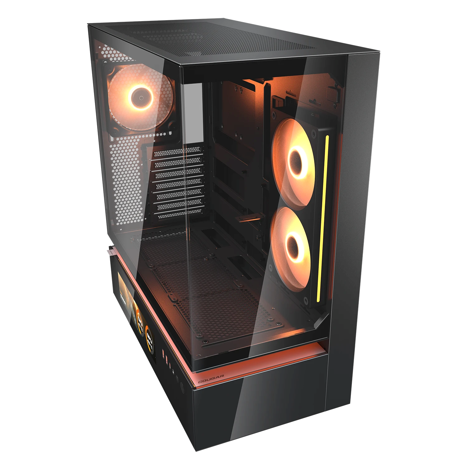Ein schwarzes Computergehäuse mit Glasfront und beleuchteten Lüftern.