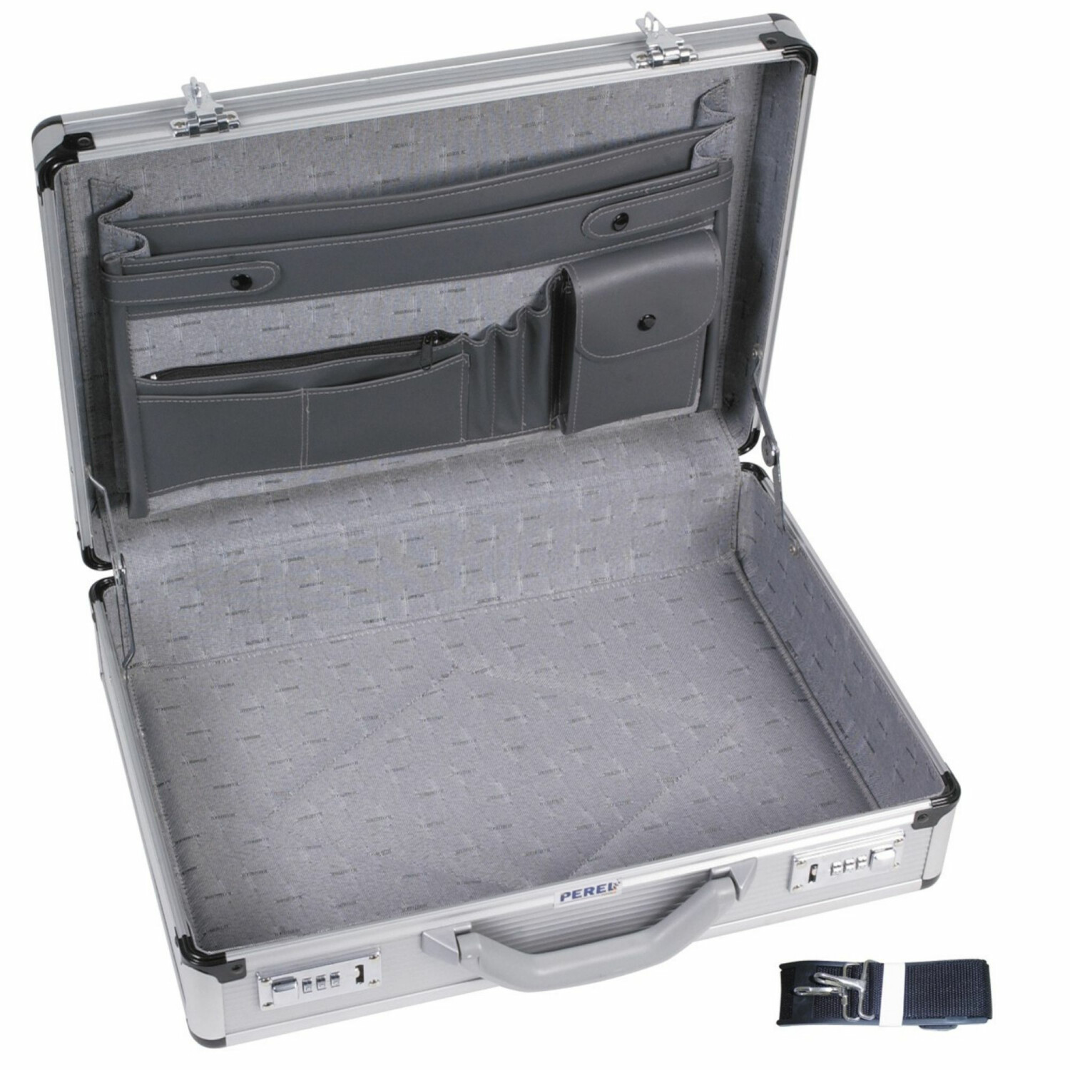 Una valigetta aperta in alluminio argentato con rivestimento in tessuto grigio e tasche organizer, che mostra una tracolla nera.