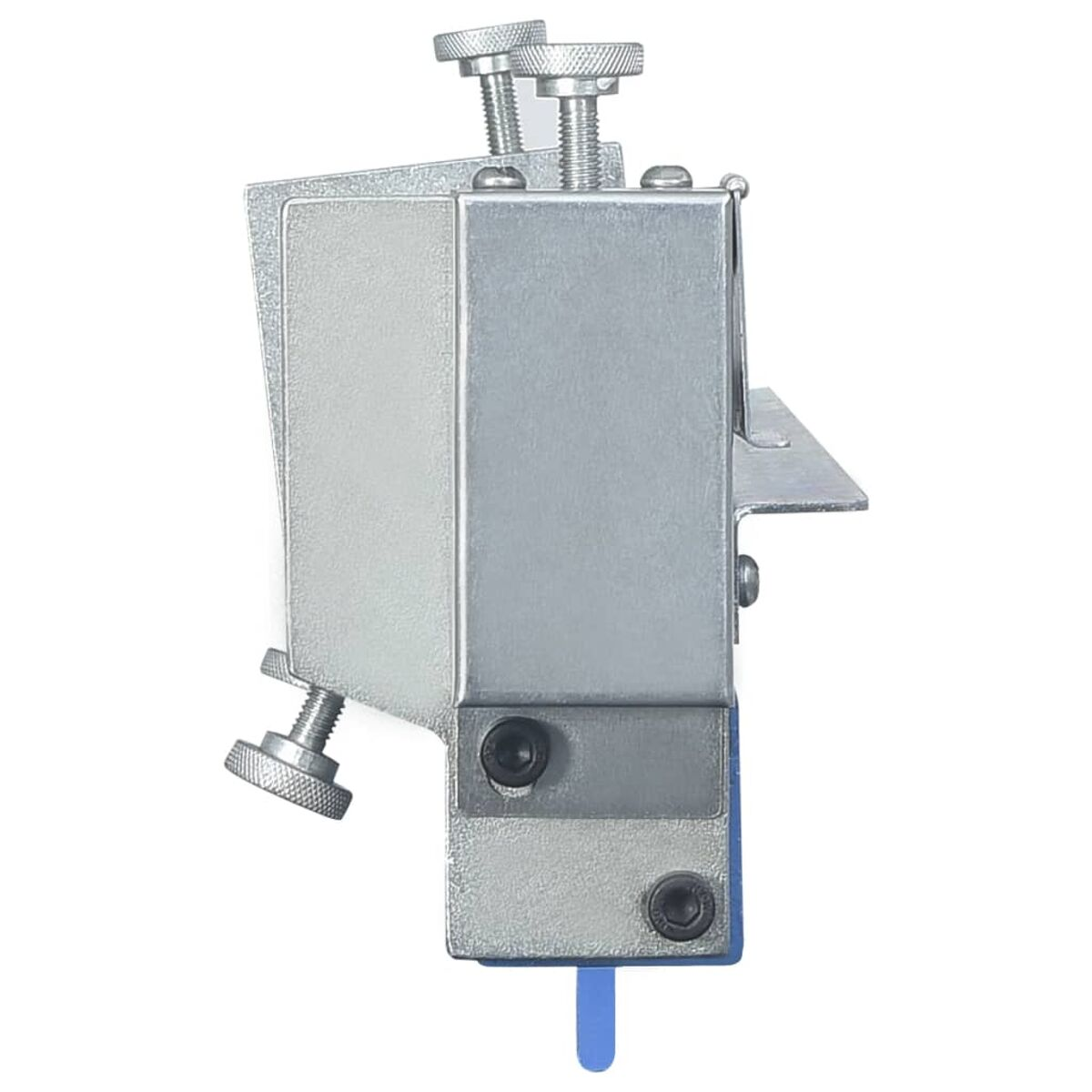 Morsetto metallico con due viti di regolazione sopra e una di lato.