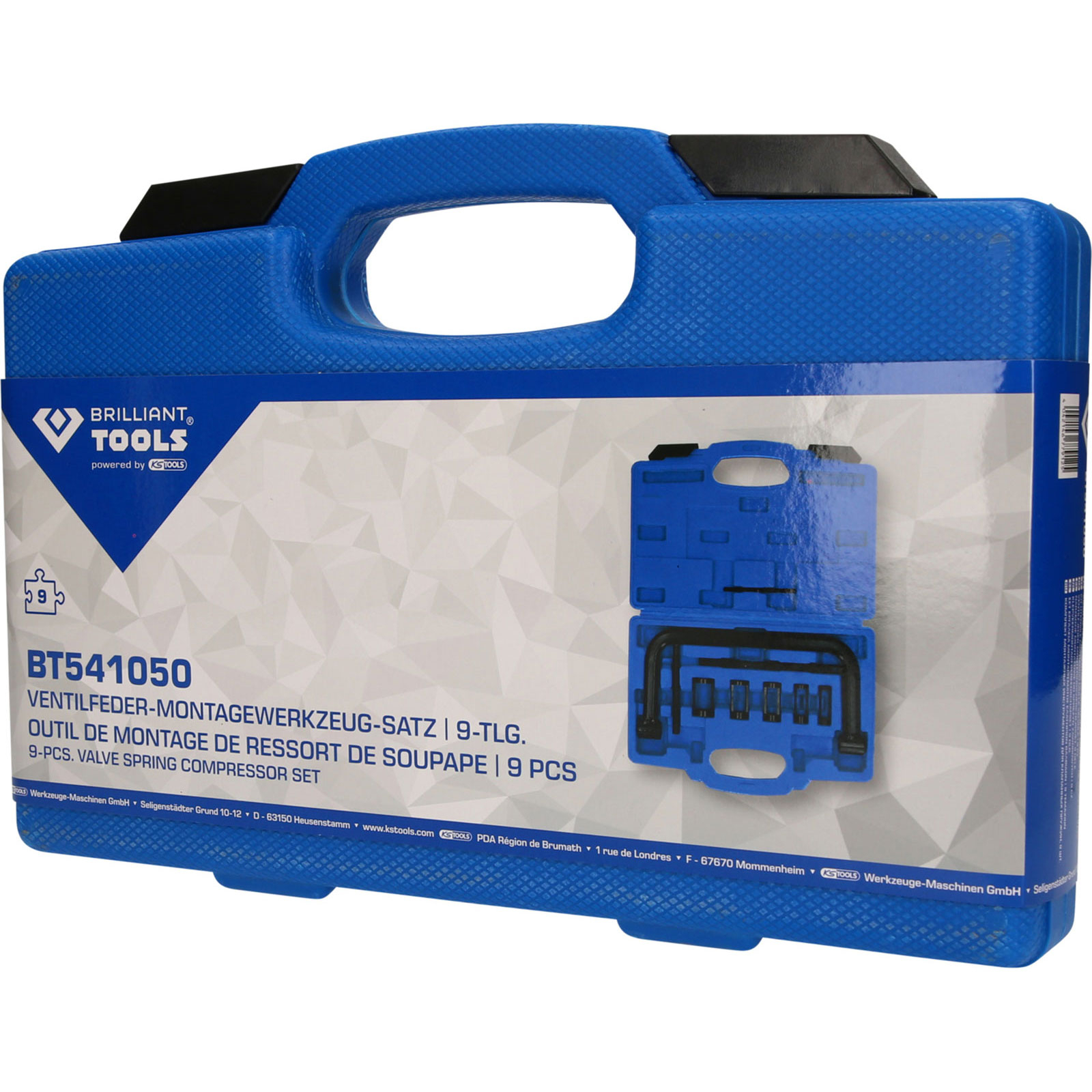 Una cassetta degli attrezzi blu con un set di compressori per molle valvole.