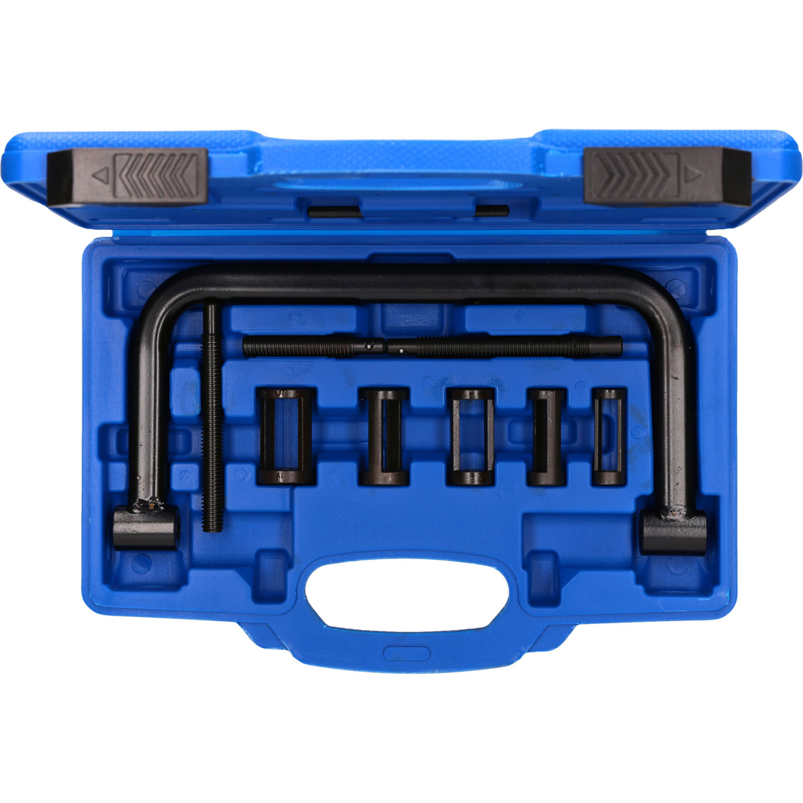 Una cassetta degli attrezzi blu con uno strumento per l'installazione delle guarnizioni dello stelo della valvola.