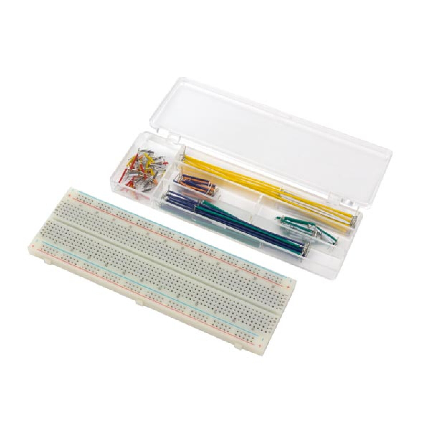 Una breadboard bianca accanto a una scatola trasparente aperta con cavi jumper e pin.