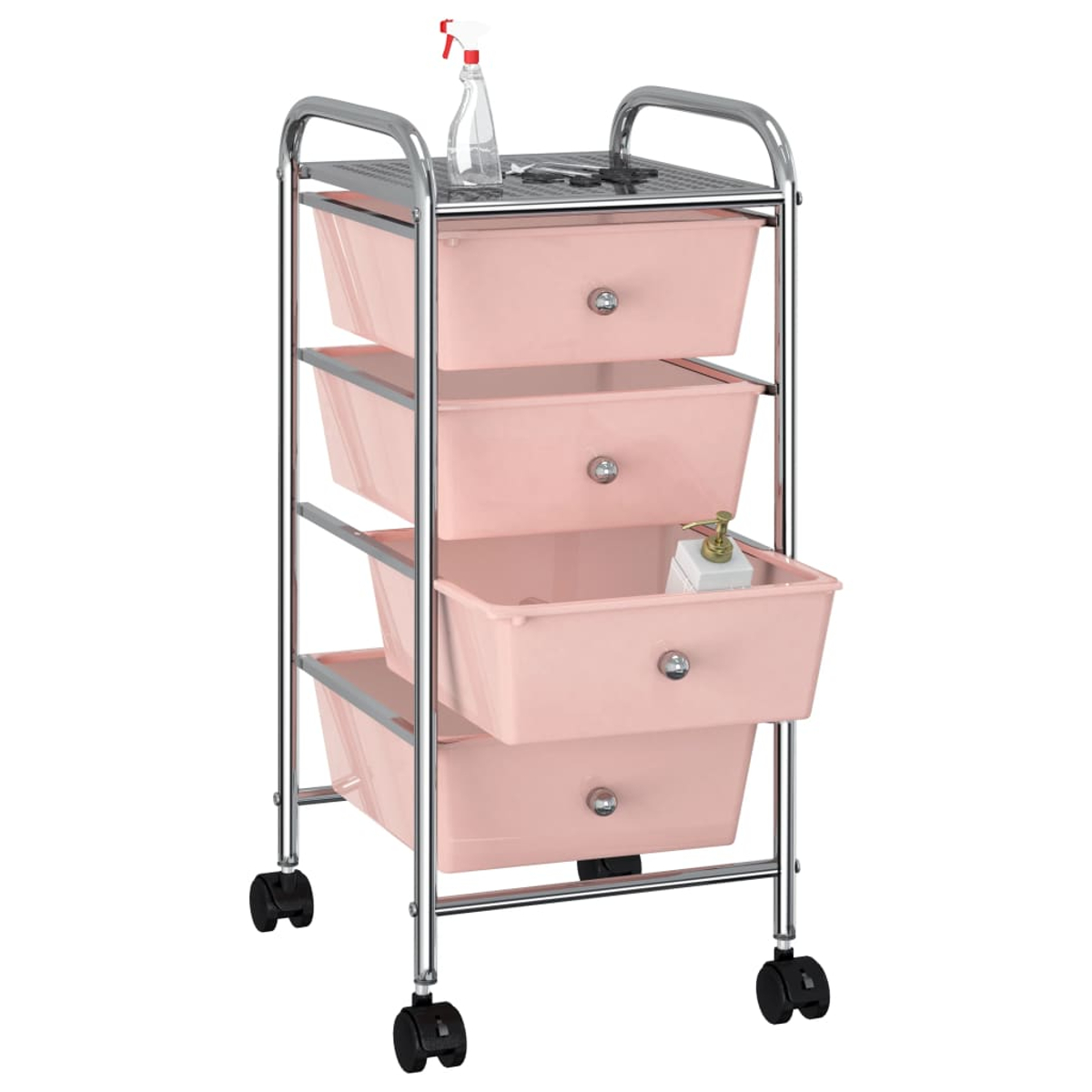 Ein rosa Rollwagen mit vier Schubladen, oben mit Sprühflasche und Schere.