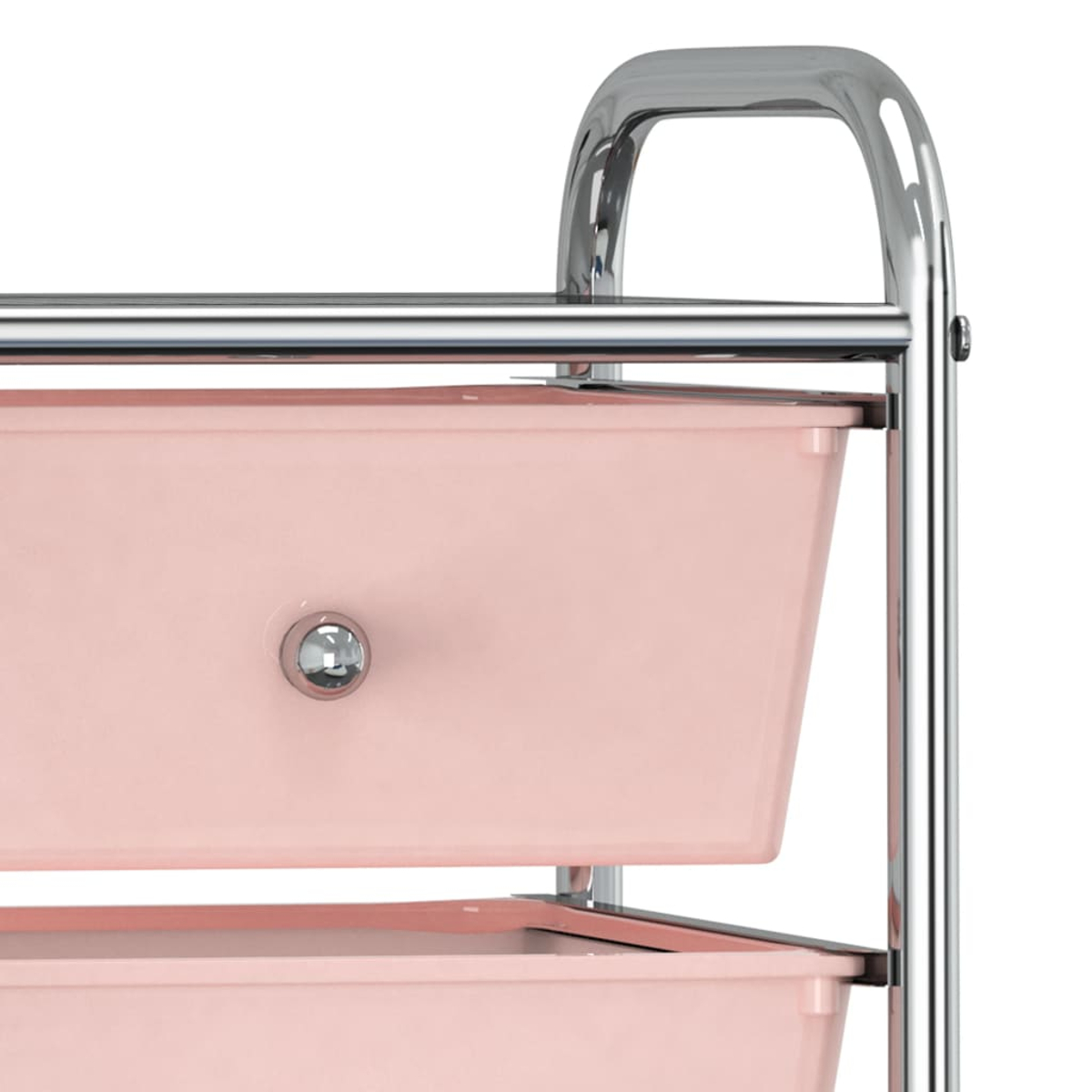 Nahaufnahme eines rosa Rollwagens mit zwei Schubladen und Chromgriffen.