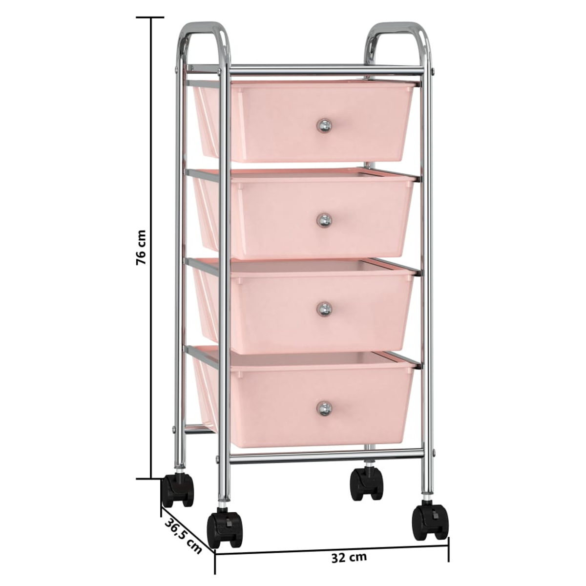 Ein rosa Rollwagen mit vier Schubladen auf Rädern.