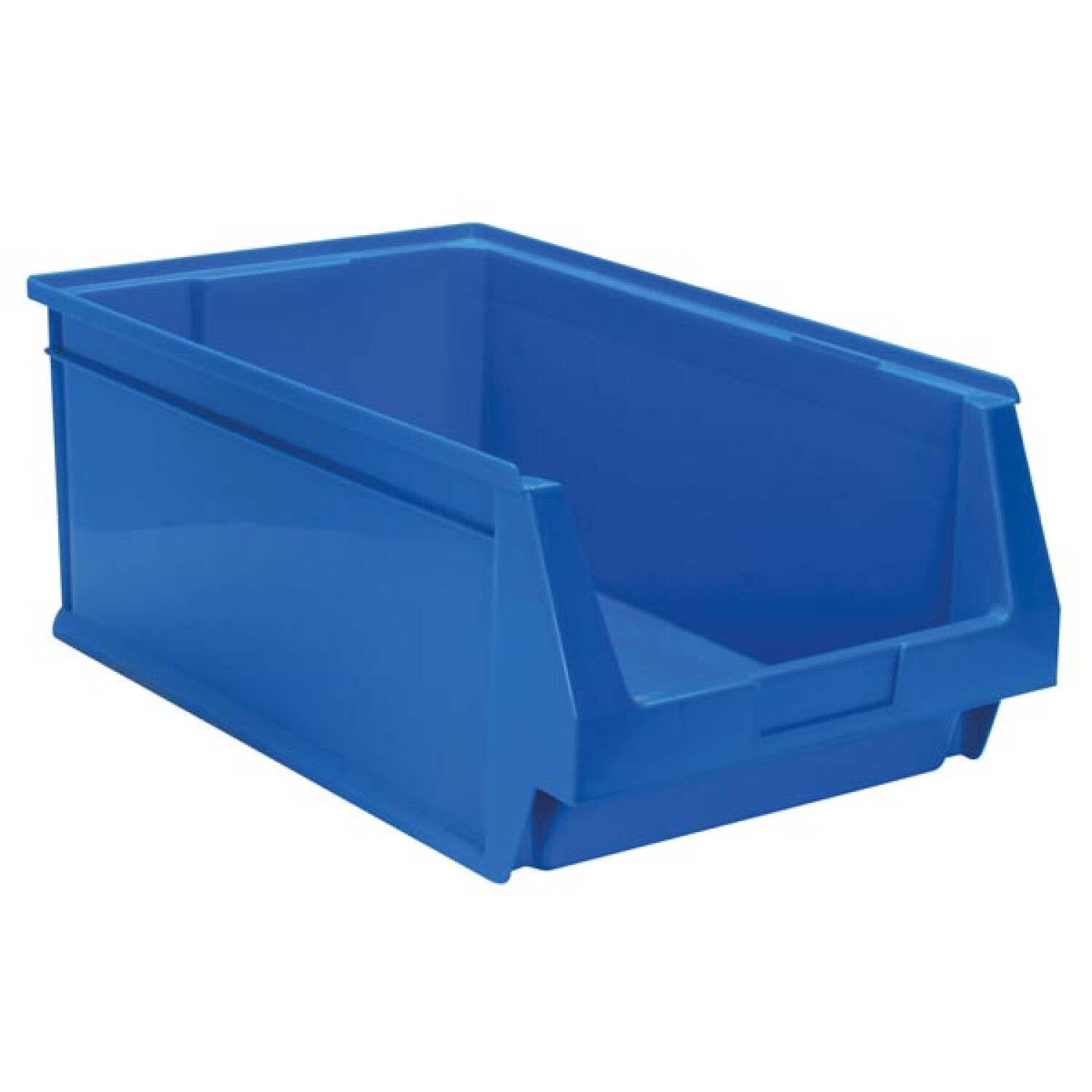 Un contenitore di plastica blu vuoto su sfondo bianco.