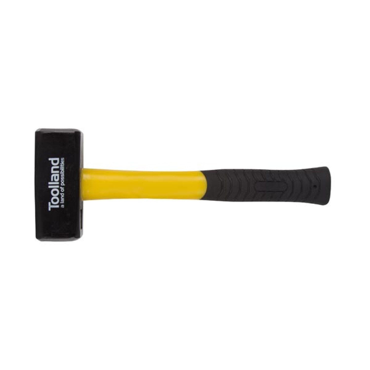 Un martello nero con manico giallo e impugnatura nera.