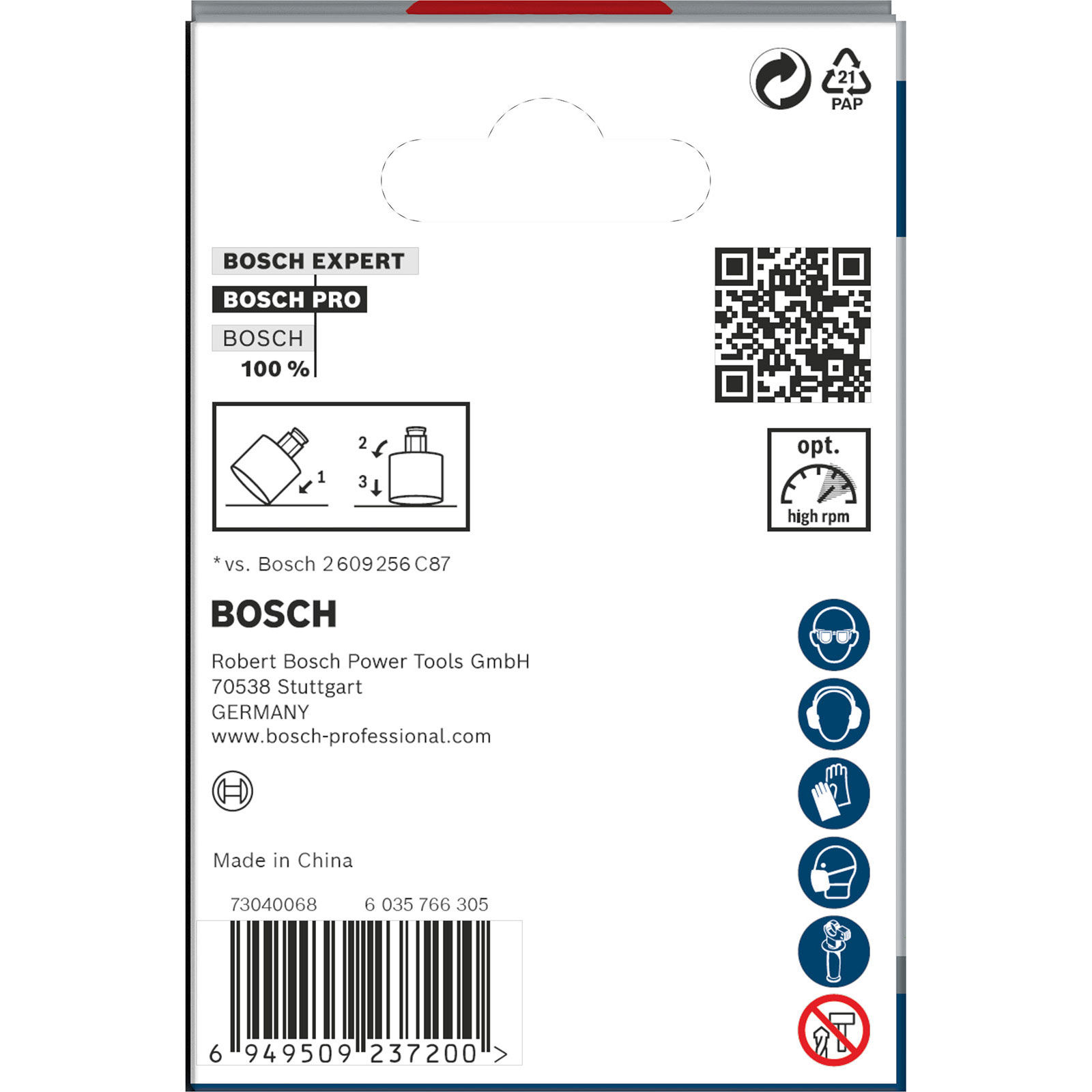 Bosch Expert Pro Verpackung mit QR-Code und Sicherheitssymbolen.