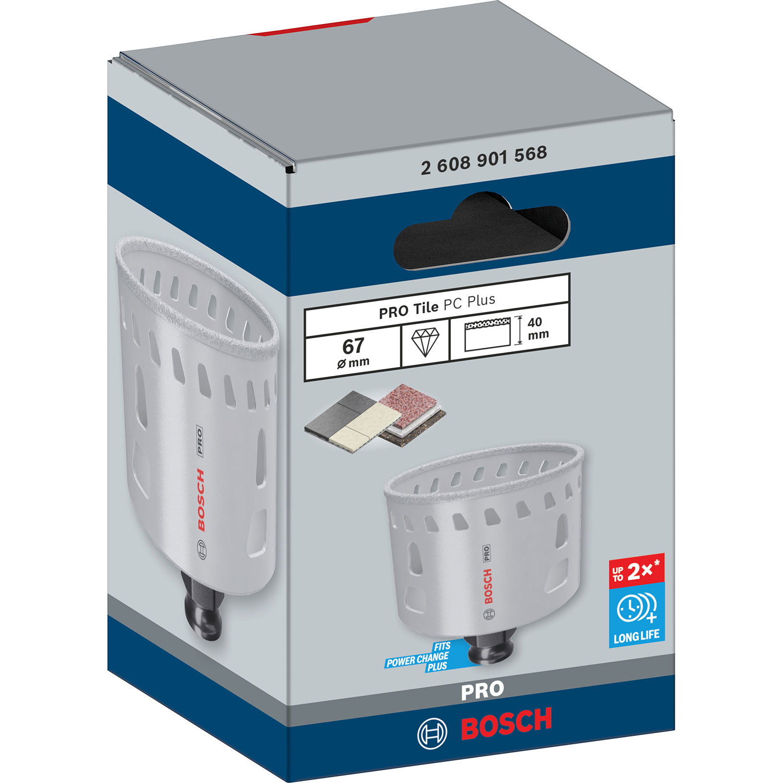 Bosch PRO Fliesenbohrkrone 67mm, 40mm lang, für Fliesen, mit langer Lebensdauer.