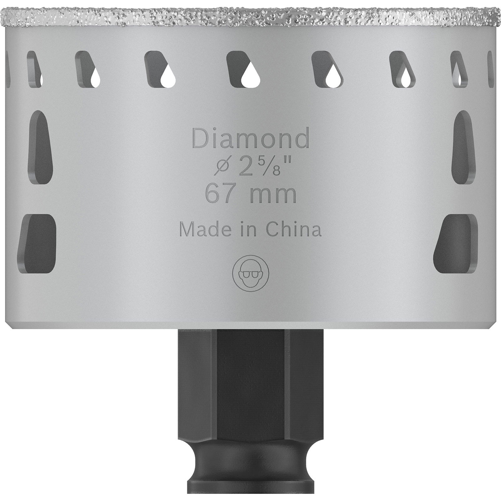Diamantbohrkrone mit 2 5/8 Zoll (67mm) Durchmesser und Sechskantschaft.