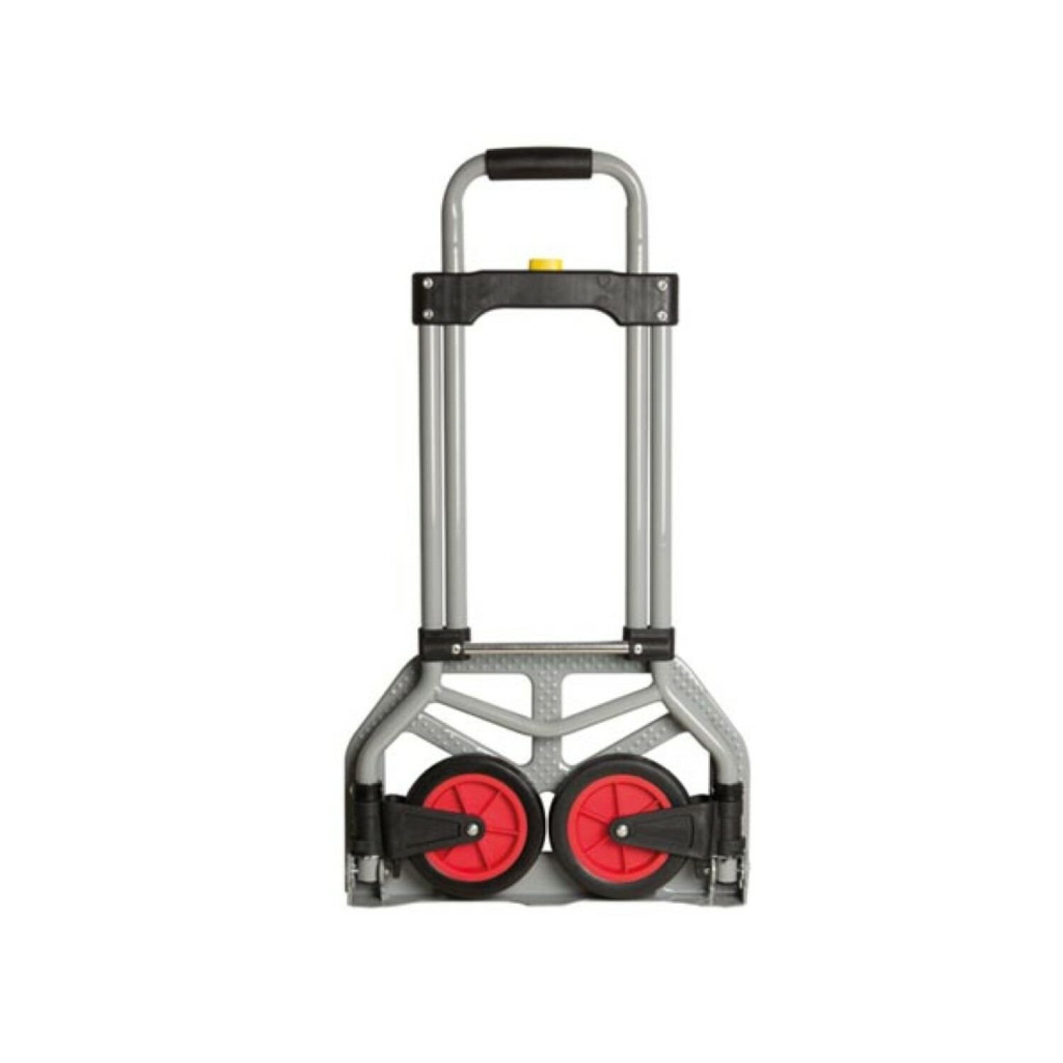 Ein grauer Sackkarren mit zwei roten Rädern.