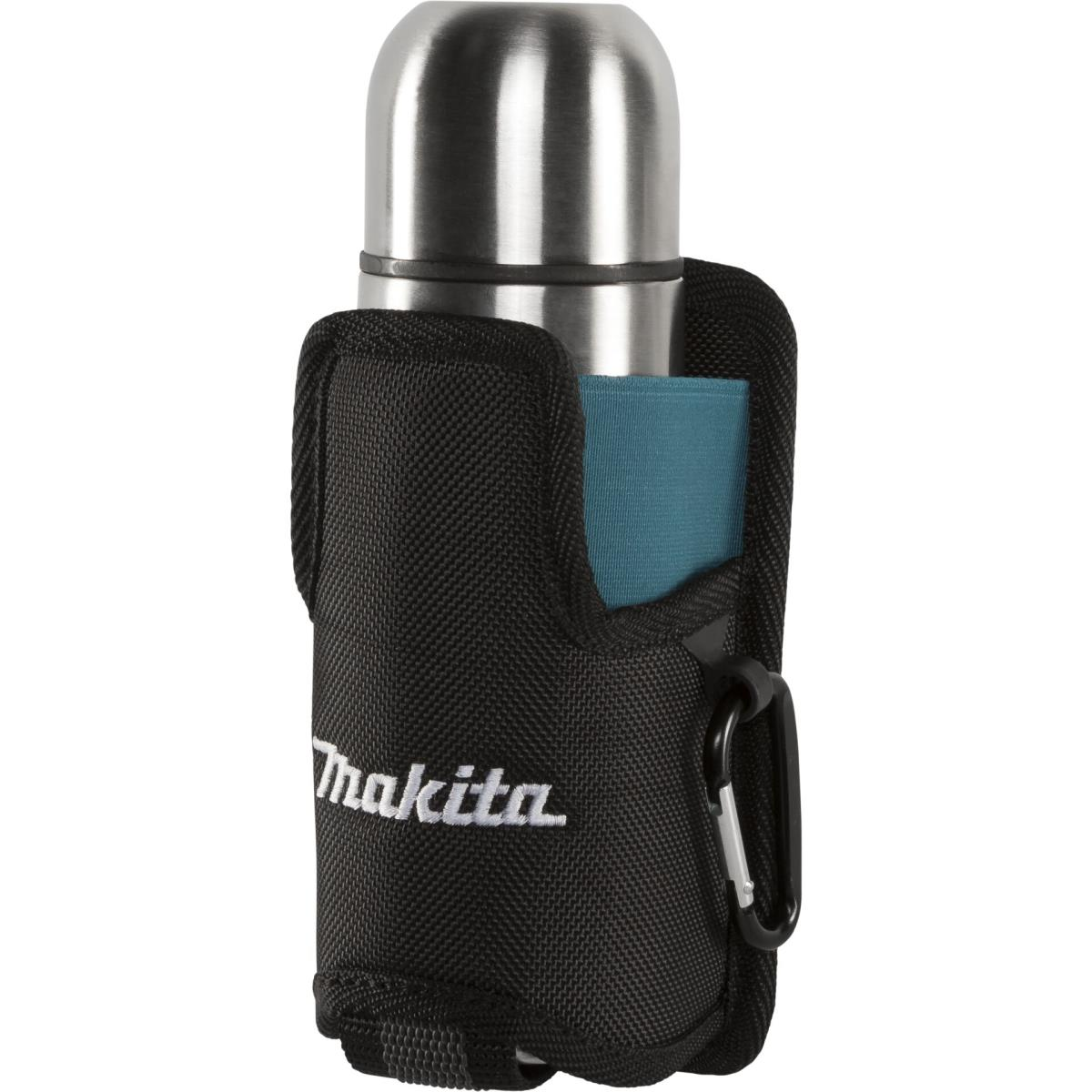 Thermos argentato in custodia nera Makita con moschettone.