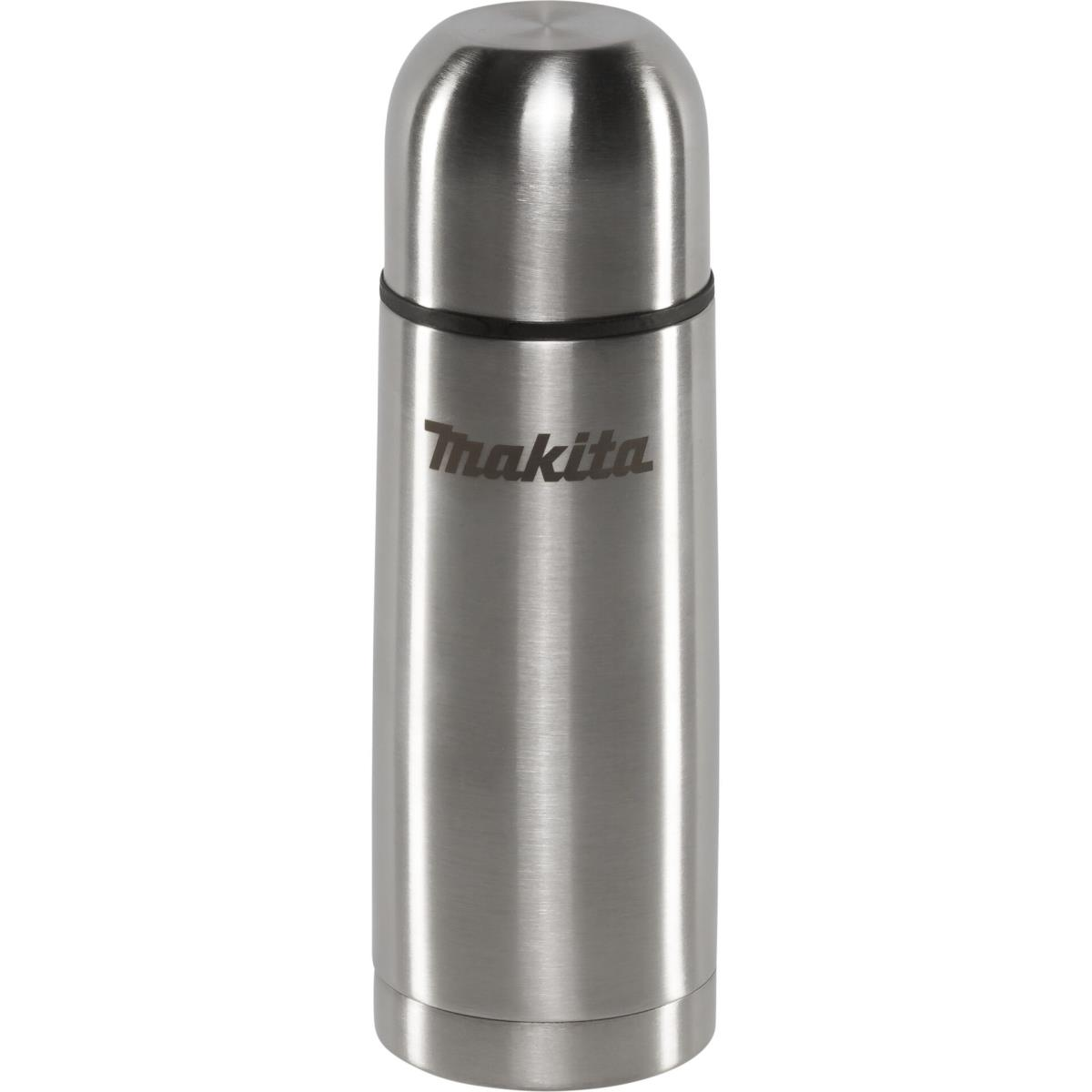 Un thermos argentato con fascia nera e logo Makita.