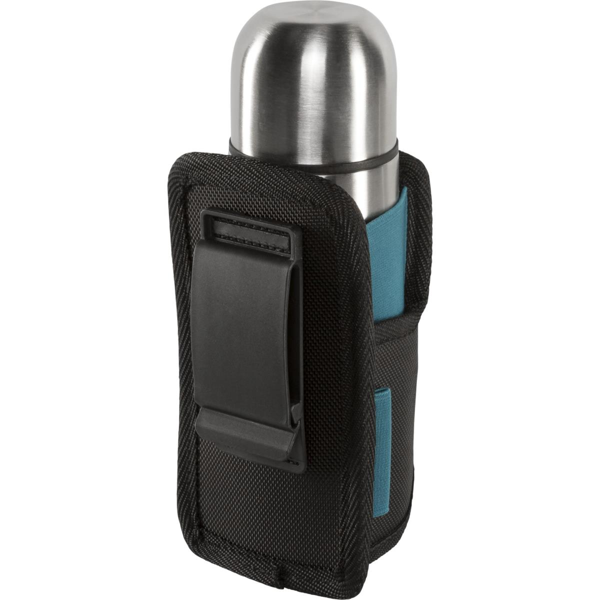 Thermos in argento in custodia nera con clip da cintura e accenti blu.