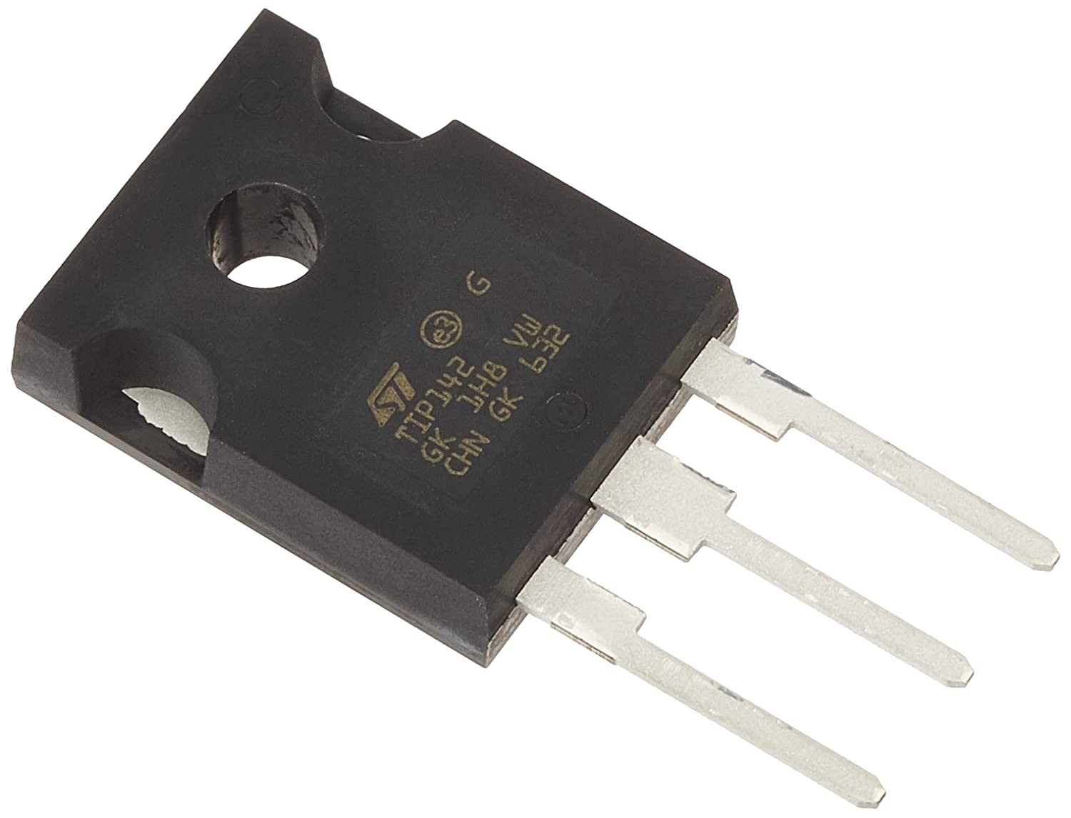 Schwarzer elektronischer Transistor mit drei silbernen Pins und Markierungen.