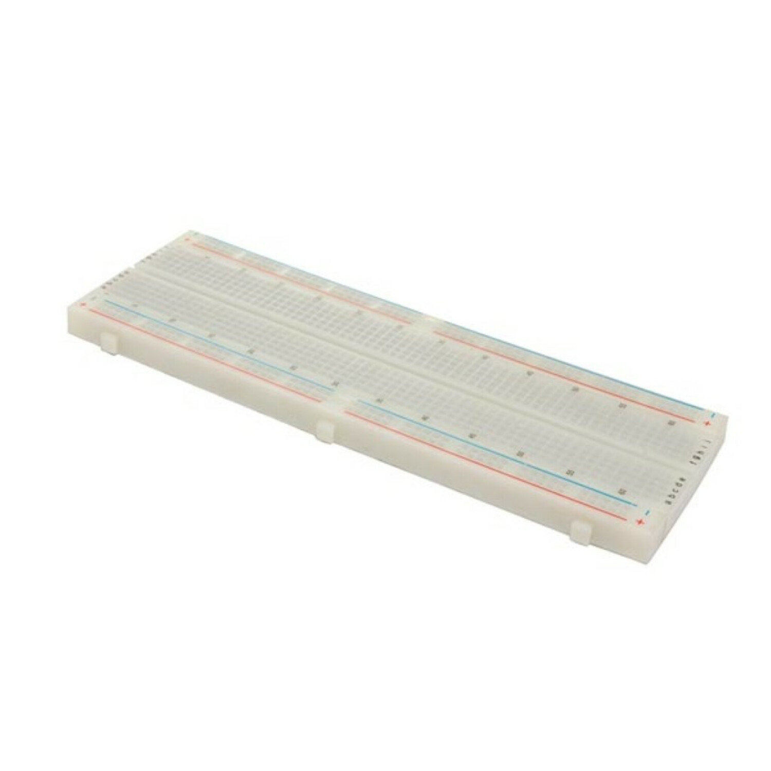 Una breadboard bianca con barre di alimentazione blu e rosse su entrambi i lati.