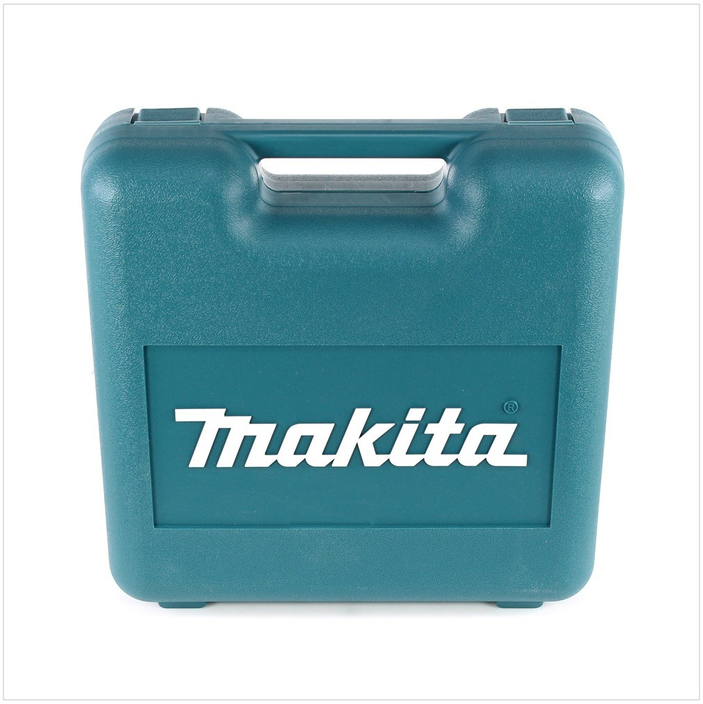 Cassetta degli attrezzi turchese con logo bianco Makita e manico.